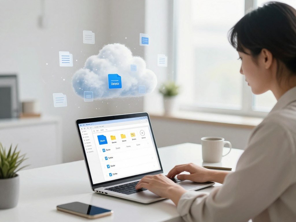 A serene modern office space with a sleek desk, where a focused individual in professional attire is engaged in digital decluttering on a laptop. In the foreground, the screen displays an organized folder structure, with 'Delete' icons highlighted in a friendly way. To the middle, a digital cloud of disorganized files, represented by semi-transparent icons floating gently, symbolizes the overwhelming nature of clutter. The background features a bright, airy window with natural light streaming in, illuminating the workspace to create a sense of calm and clarity. Soft colors and minimalistic decor evoke a feeling of tranquility and productivity, emphasizing overcoming the psychological barriers to digital organization. The angle is slightly above eye level, capturing both the individualβs focused expression and the clarity of their digital surroundings. A serene modern office space with a sleek desk, where a focused individual in professional attire is engaged in digital decluttering on a laptop. In the foreground, the screen displays an organized folder structure, with 'Delete' icons highlighted in a friendly way. To the middle, a digital cloud of disorganized files, represented by semi-transparent icons floating gently, symbolizes the overwhelming nature of clutter. The background features a bright, airy window with natural light streaming in, illuminating the workspace to create a sense of calm and clarity. Soft colors and minimalistic decor evoke a feeling of tranquility and productivity, emphasizing overcoming the psychological barriers to digital organization. The angle is slightly above eye level, capturing both the individualβs focused expression and the clarity of their digital surroundings.