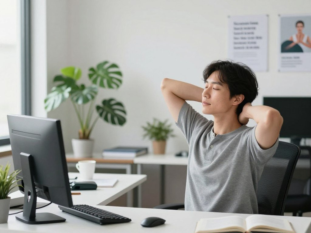 A serene office environment featuring a professional, modestly dressed person performing screen break exercises at their desk. In the foreground, the individual is engaged in gentle neck stretches, with a focused expression, illustrating the importance of movement. The middle ground showcases a well-organized workspace, adorned with plants and ergonomic furniture, emphasizing a healthy work atmosphere. Soft, natural lighting floods the scene, creating a calm and refreshing vibe. The background features a wall with subtle motivational posters about wellness and eye care. The overall mood is uplifting and peaceful, encouraging viewers to embrace a refreshing routine for their eyes and mind during screen time.