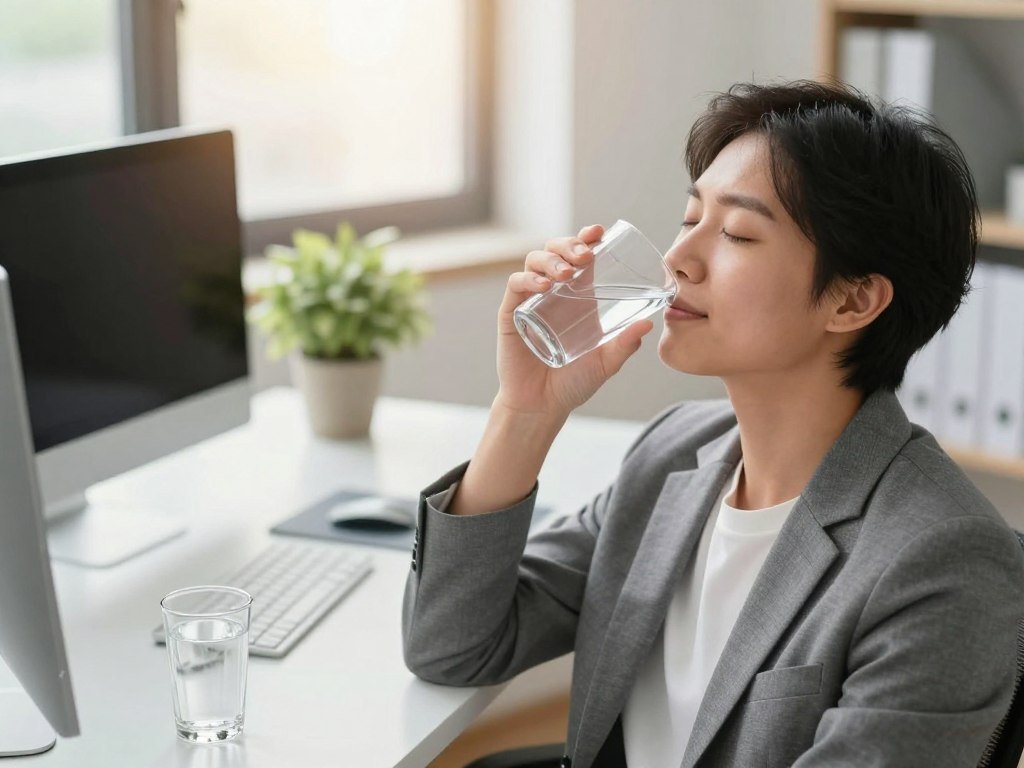 A serene office environment with a professional individual sitting at a desk, practicing conscious blinking and hydration. In the foreground, a close-up of the person, dressed in smart casual attire, gently closing their eyes in a moment of relaxation, with a glass of water beside them. In the middle ground, the desk is neatly organized with a computer and a plant, symbolizing a calming workspace. The background features soft natural light filtering through a window, creating a warm and inviting atmosphere. The scene conveys tranquility and focus, emphasizing the importance of eye care. The angle is slightly tilted to capture the depth of the workspace while maintaining a calm, refreshing mood.