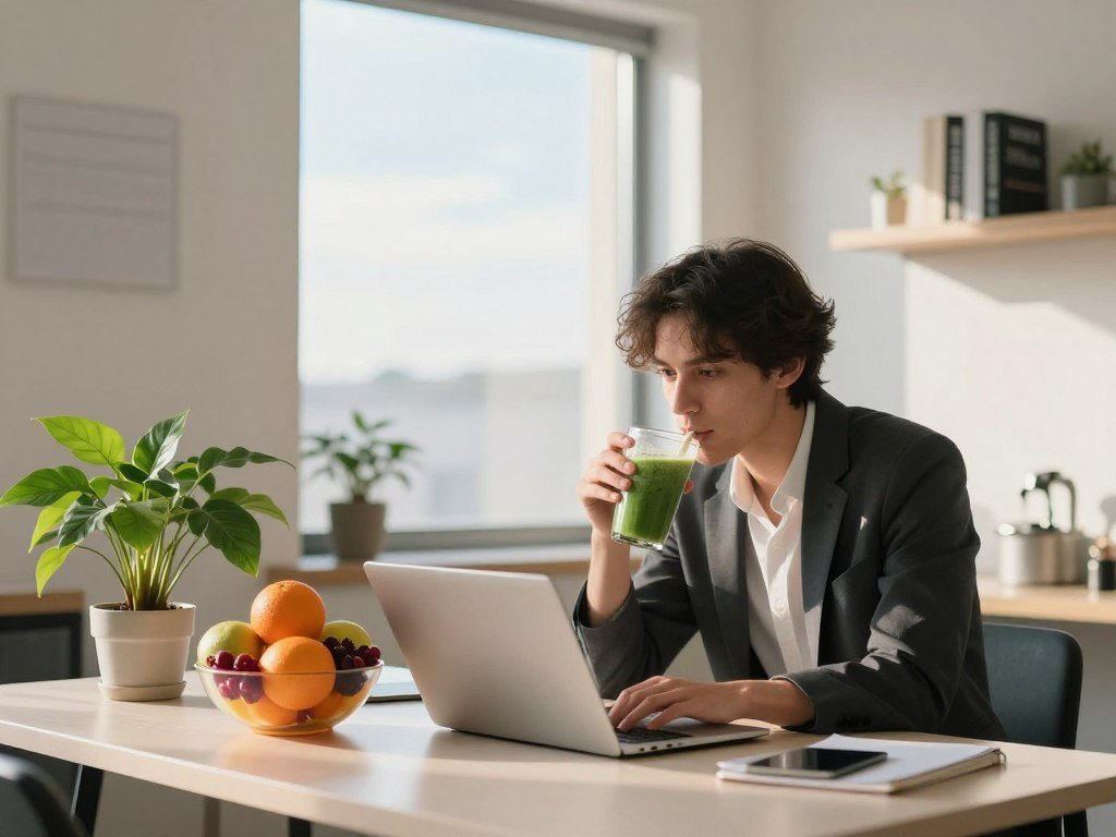 A serene office space bathed in warm afternoon light, showcasing a modern desk with a vibrant green plant and a colorful bowl of fresh fruits, including oranges and berries, symbolizing nutritional energy. In the foreground, a focused young professional in smart casual attire leans over a laptop, sipping on a healthy smoothie, with a look of determination. The middle ground features a softly blurred image of a bright window displaying a clear sky, hinting at the outside world. The background includes a minimalist shelf with motivational books and a small water fountain for relaxation. The mood is uplifting and energetic, evoking a sense of freshness and renewal, perfectly capturing strategies to combat afternoon tiredness. The lighting is soft yet illuminating, creating an inviting atmosphere.