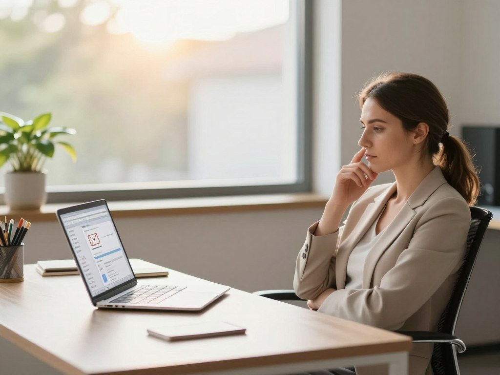 A serene office space with a clean, organized desk as the foreground, showcasing a professional in business attire contemplating their email inbox. The individual, a Caucasian female, looks relaxed yet focused, seated in a comfortable chair with a laptop open, highlighting a few visible emails. The middle layer features a calming plant and stationery on the desk, adding a touch of nature and organization. In the background, a softly lit window revealing a sunny day outside conveys a sense of tranquility and clarity, reinforcing the theme of overcoming anxiety. The scene is well-lit with natural light, creating a warm and inviting atmosphere, ideal for illustrating the concept of overcoming email overwhelm. A serene office space with a clean, organized desk as the foreground, showcasing a professional in business attire contemplating their email inbox. The individual, a Caucasian female, looks relaxed yet focused, seated in a comfortable chair with a laptop open, highlighting a few visible emails. The middle layer features a calming plant and stationery on the desk, adding a touch of nature and organization. In the background, a softly lit window revealing a sunny day outside conveys a sense of tranquility and clarity, reinforcing the theme of overcoming anxiety. The scene is well-lit with natural light, creating a warm and inviting atmosphere, ideal for illustrating the concept of overcoming email overwhelm.