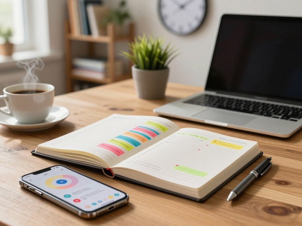 A serene workspace featuring a neatly organized weekly planner open on a wooden desk, filled with colorful notes, motivational stickers, and a stylish pen lying beside it. In the foreground, a close-up of a smartphone displaying a popular organizational app with sleek graphics, paired with a cup of steaming coffee. The middle ground showcases a laptop and a small potted plant adding a touch of greenery. The background softly fades to a cozy bookshelf filled with inspiring books and an abstract wall clock emphasizing time management. The scene is illuminated by warm, natural light streaming through a window, creating a focused yet inviting atmosphere, captured with a shallow depth of field to emphasize the planner and tools.