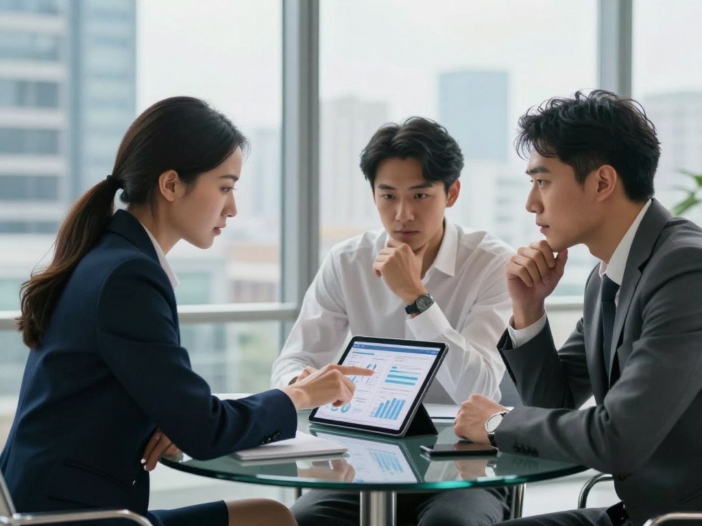 A sleek modern office setting featuring a diverse group of three professionals gathered around a circular glass table, engaged in a dynamic decision-making discussion. In the foreground, a confident woman in a tailored navy suit points to a digital tablet displaying charts and graphs, while a man in a crisp white shirt nods attentively. The background features a floor-to-ceiling window with natural light flooding in, revealing a bustling cityscape. Soft shadows accentuate their focused expressions, conveying urgency and clarity. The color palette is a mix of cool blues and warm grays, creating a balanced atmosphere of professionalism and innovation. The overall mood is energetic yet focused, highlighting efficient decision-making techniques under pressure.