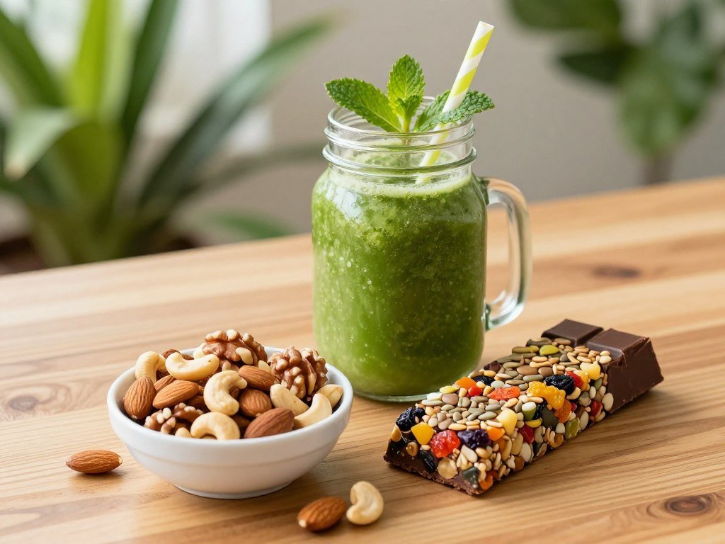 A vibrant and inviting scene featuring three healthy snacks arranged on an elegant wooden table, designed to showcase their energizing qualities. In the foreground, a small bowl of mixed nuts with almonds, walnuts, and cashews glistens under soft natural light. Beside it, a colorful energy bar studded with seeds, dried fruits, and dark chocolate sits attractively. In the middle, a fresh smoothie in a mason jar, with a brilliant green hue, is garnished with mint leaves and a straw, suggesting freshness and vitality. The background is softly blurred with lush green plants that evoke a sense of health and energy. The image captures a bright and cheerful mood, illuminated with warm, diffused lighting to enhance the freshness of the snacks. The perspective is slightly angled to provide depth and focus on the delicious snacks.