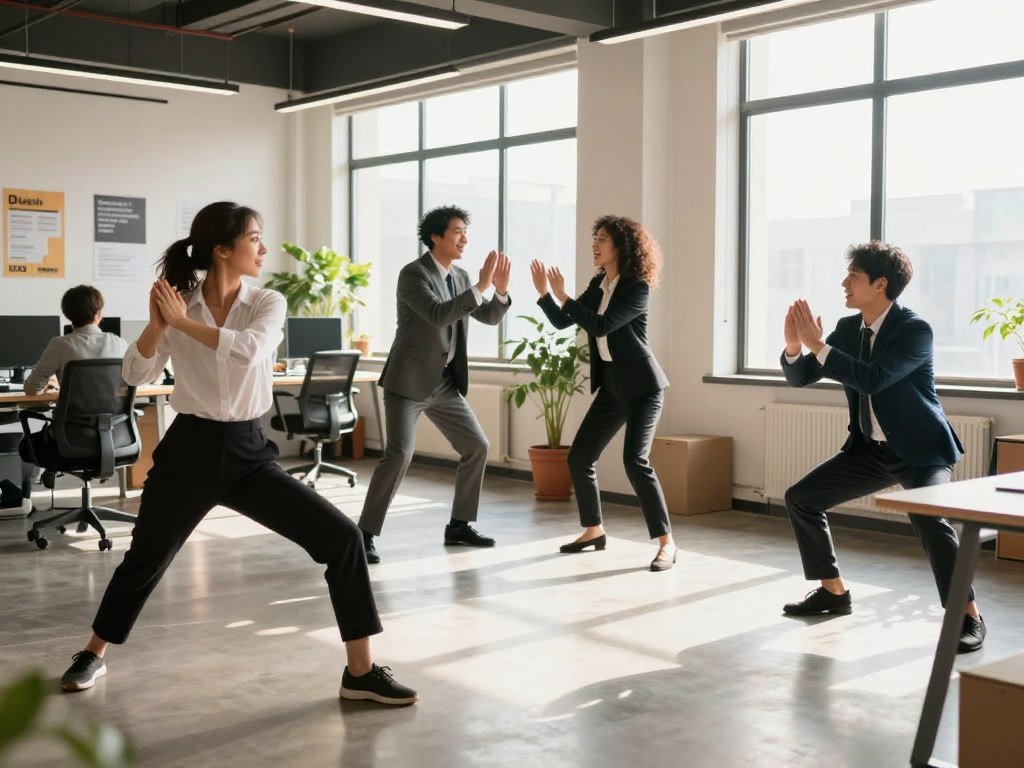 A vibrant office space with natural light streaming in through large windows, showcasing a group of diverse professionals in business attire engaged in various physical exercises to energize their afternoon routine. In the foreground, a woman performs a dynamic stretch, her posture exuding confidence and focus, while a man nearby demonstrates a light set of squats. In the middle ground, a pair of colleagues participate in a friendly stretching contest, laughing and encouraging each other. In the background, potted plants add a touch of greenery, and motivational posters adorn the walls, enhancing the atmosphere of productivity and vitality. The overall mood is uplifting and invigorating, capturing a refreshing break from typical work hours, with soft, warm lighting and a slightly wide-angle perspective to include the bustling office environment.