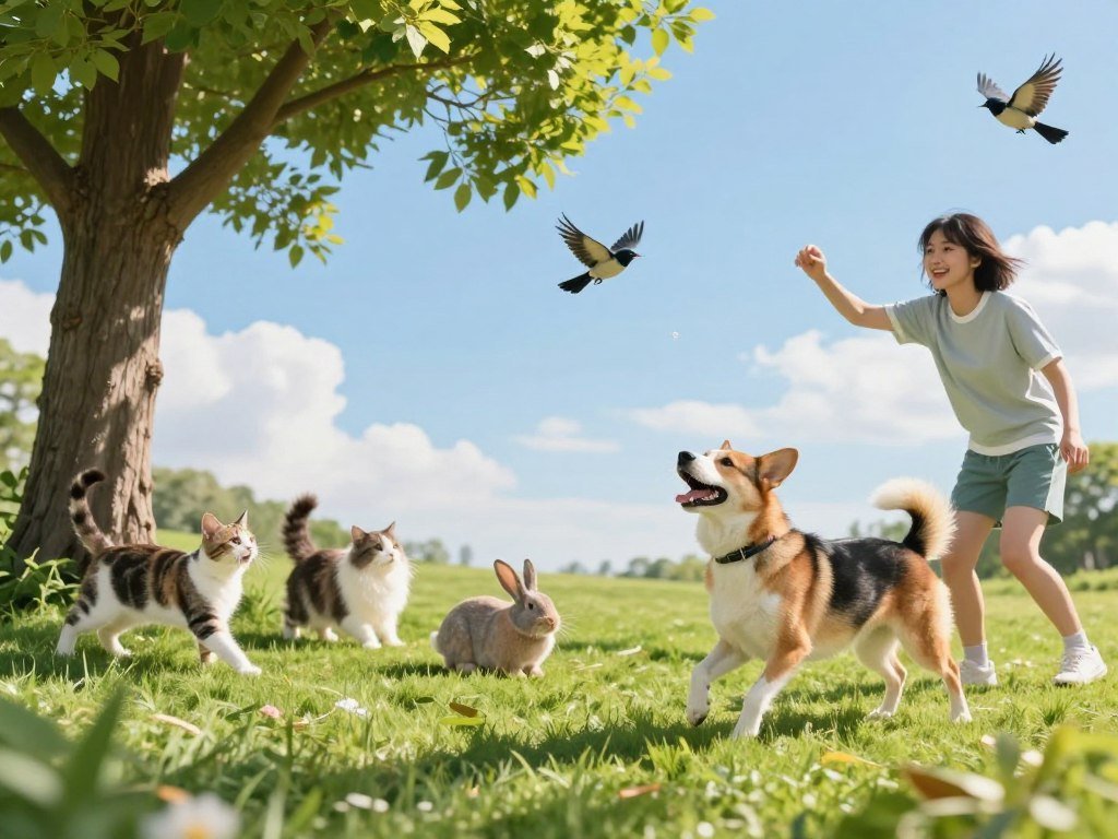 A vibrant scene depicting healthy pet habits in a sunny park setting. In the foreground, a fit, energetic dog plays catch with a person wearing casual sports attire, both radiating joy and enthusiasm. The middle ground features a group of pets, including a playful cat stretching under a tree, a rabbit hopping around, and a few birds in flight, emphasizing the theme of active living. The background showcases a bright blue sky and green grass, with gentle sunlight filtering through the leaves, casting dappled shadows. The overall atmosphere exudes happiness and vitality, highlighting the importance of physical fitness for pets in a natural, inviting environment. The composition is well-balanced, capturing a heartwarming moment in an idyllic outdoor setting, with a focus on health and playfulness. A vibrant scene depicting healthy pet habits in a sunny park setting. In the foreground, a fit, energetic dog plays catch with a person wearing casual sports attire, both radiating joy and enthusiasm. The middle ground features a group of pets, including a playful cat stretching under a tree, a rabbit hopping around, and a few birds in flight, emphasizing the theme of active living. The background showcases a bright blue sky and green grass, with gentle sunlight filtering through the leaves, casting dappled shadows. The overall atmosphere exudes happiness and vitality, highlighting the importance of physical fitness for pets in a natural, inviting environment. The composition is well-balanced, capturing a heartwarming moment in an idyllic outdoor setting, with a focus on health and playfulness.