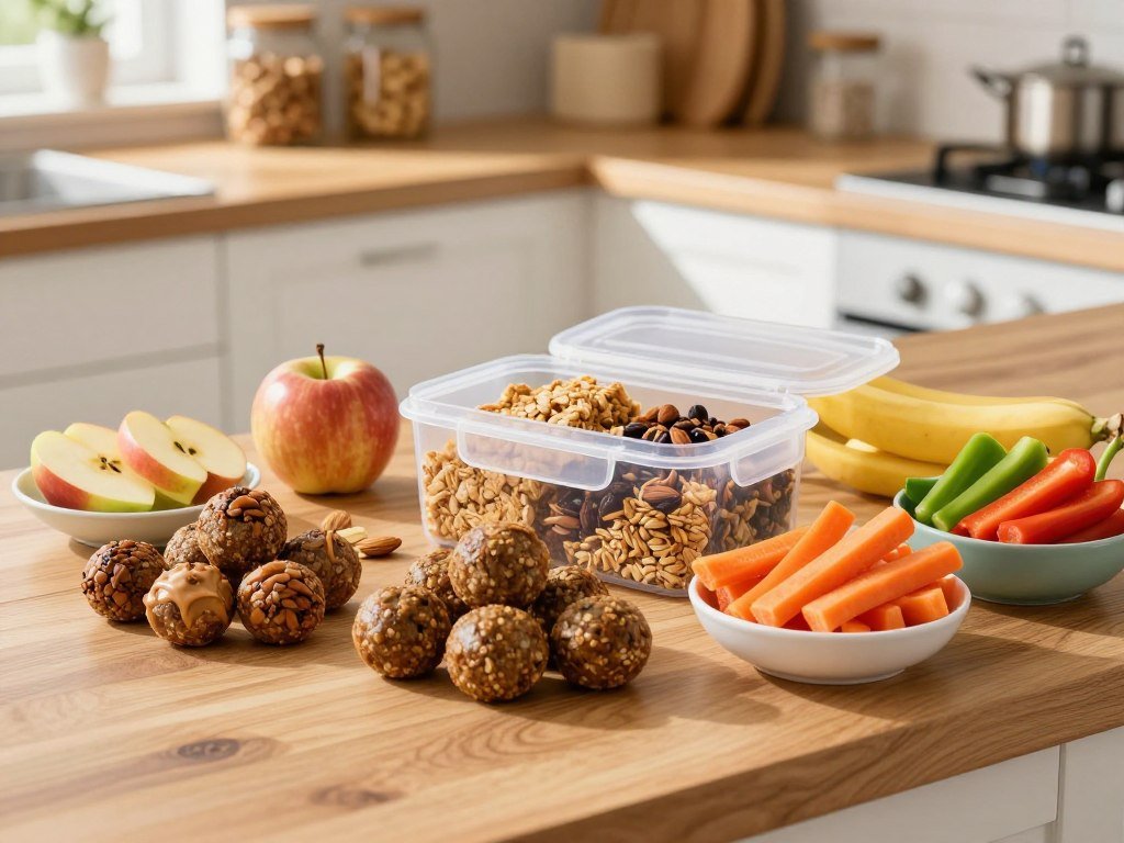 A vibrant selection of healthy grab-and-go snacks arranged artistically on a wooden kitchen countertop. In the foreground, a mix of colorful energy-boosting snacks such as almond butter energy balls, fresh fruit slices (apples and bananas), and crunchy vegetable sticks (carrots and bell peppers) in small bowls. In the middle, a reusable snack container opens to reveal homemade granola bars and trail mix. The background features a bright kitchen setting with open cabinets displaying jars of nuts and seeds, with sunlight streaming through a nearby window, creating a warm, inviting atmosphere. The image captures a sense of vitality and convenience, encouraging healthy choices in daily routines. The angle is slightly overhead, emphasizing the snacks' arrangement and inviting the viewer to partake.