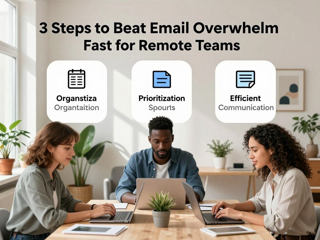 A visually engaging illustration depicting "3 Steps to Beat Email Overwhelm Fast for Remote Teams." In the foreground, a diverse group of three professionals (a Caucasian woman, an African American man, and a Hispanic woman), all in smart casual business attire, collaborate around a modern workspace filled with laptops and digital devices. In the middle ground, three clearly defined steps, represented as floating icons or infographics, convey organization, prioritization, and efficient communication. The background features a bright and airy home office environment with plants and motivational art on the walls. Soft natural lighting filters in through a window, casting gentle shadows and creating a calm, focused atmosphere, ideal for remote teamwork and productivity. A visually engaging illustration depicting "3 Steps to Beat Email Overwhelm Fast for Remote Teams." In the foreground, a diverse group of three professionals (a Caucasian woman, an African American man, and a Hispanic woman), all in smart casual business attire, collaborate around a modern workspace filled with laptops and digital devices. In the middle ground, three clearly defined steps, represented as floating icons or infographics, convey organization, prioritization, and efficient communication. The background features a bright and airy home office environment with plants and motivational art on the walls. Soft natural lighting filters in through a window, casting gentle shadows and creating a calm, focused atmosphere, ideal for remote teamwork and productivity.