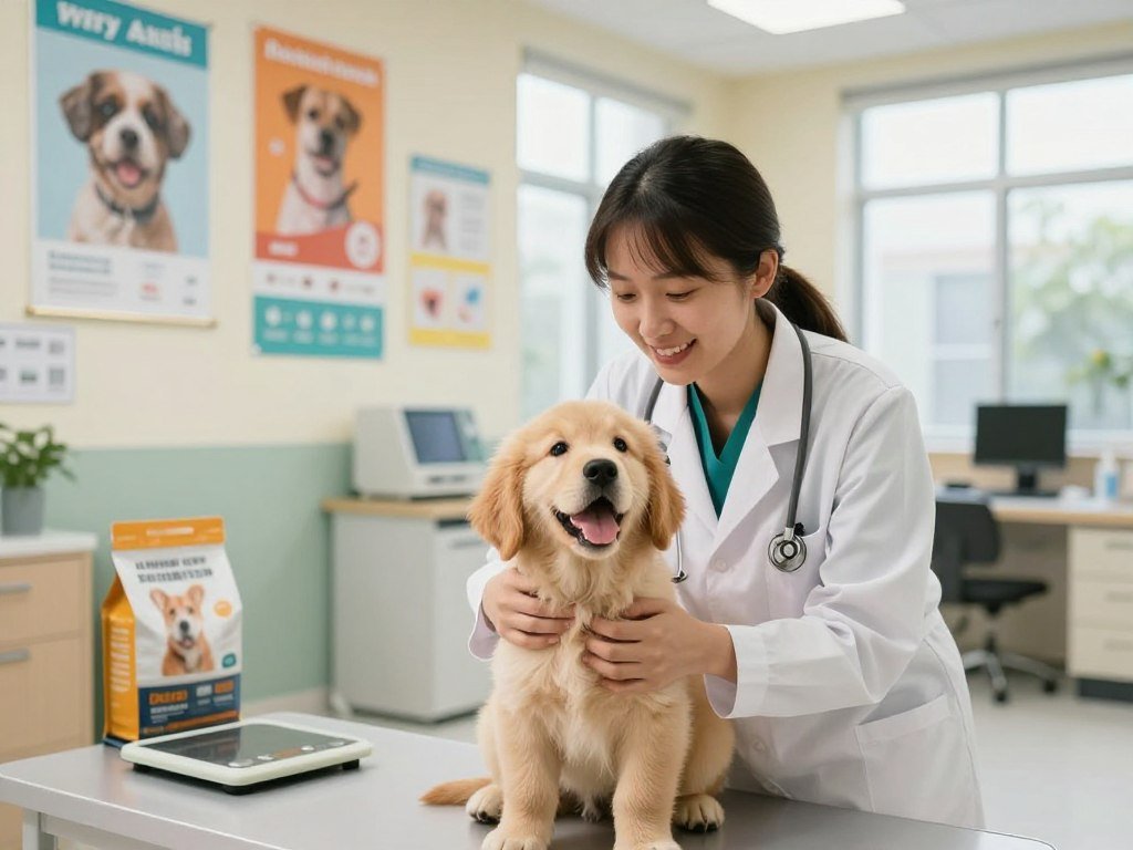 A warm and inviting scene showcasing preventive care for pets in a veterinary clinic setting. In the foreground, a friendly veterinarian in a white coat gently examines a playful golden retriever puppy, highlighting the bond between pet and caregiver. The middle ground features a colorful wall filled with pet health posters, along with a scale and a box of pet food, symbolizing nutrition and wellness. In the background, soft natural light filters through large windows, illuminating the clinicβs modern equipment and calming dΓ©cor. The atmosphere exudes trust and care, emphasizing the importance of routine check-ups and preventive health measures for pets. Capture this moment with a soft-focus lens and a slight overhead angle for a nurturing feel. A warm and inviting scene showcasing preventive care for pets in a veterinary clinic setting. In the foreground, a friendly veterinarian in a white coat gently examines a playful golden retriever puppy, highlighting the bond between pet and caregiver. The middle ground features a colorful wall filled with pet health posters, along with a scale and a box of pet food, symbolizing nutrition and wellness. In the background, soft natural light filters through large windows, illuminating the clinicβs modern equipment and calming dΓ©cor. The atmosphere exudes trust and care, emphasizing the importance of routine check-ups and preventive health measures for pets. Capture this moment with a soft-focus lens and a slight overhead angle for a nurturing feel.