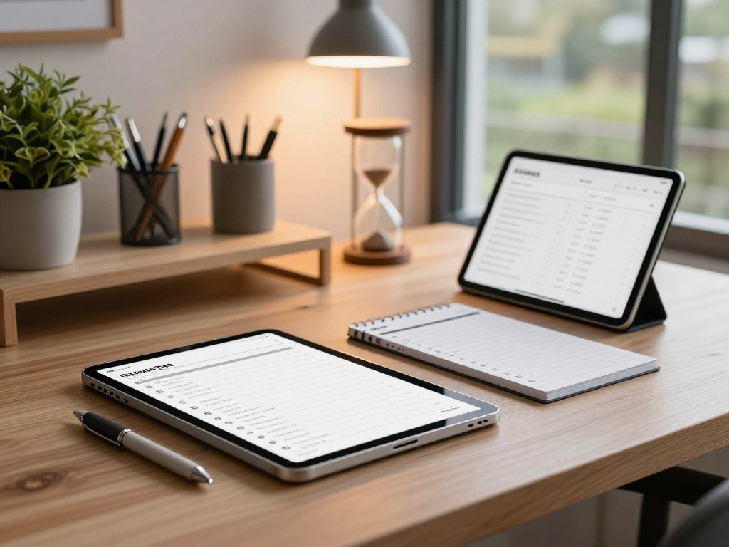 A well-organized desk scene showcasing various tools designed to eliminate cognitive overload and boost productivity. In the foreground, a sleek digital planner, a streamlined to-do list app displayed on a tablet, and a stylish, ergonomic pen for note-taking. In the middle ground, a minimalist desk organizer holds essential stationery, a potted plant for a touch of nature, and a small calming hourglass. In the background, soft ambient lighting casts a warm glow, complemented by a large window revealing a serene outdoor view, suggesting a productive environment. The overall atmosphere is peaceful and inspiring, designed to evoke a sense of focus and clarity. The scene should be photographed with a shallow depth of field, using natural light to enhance the inviting mood.