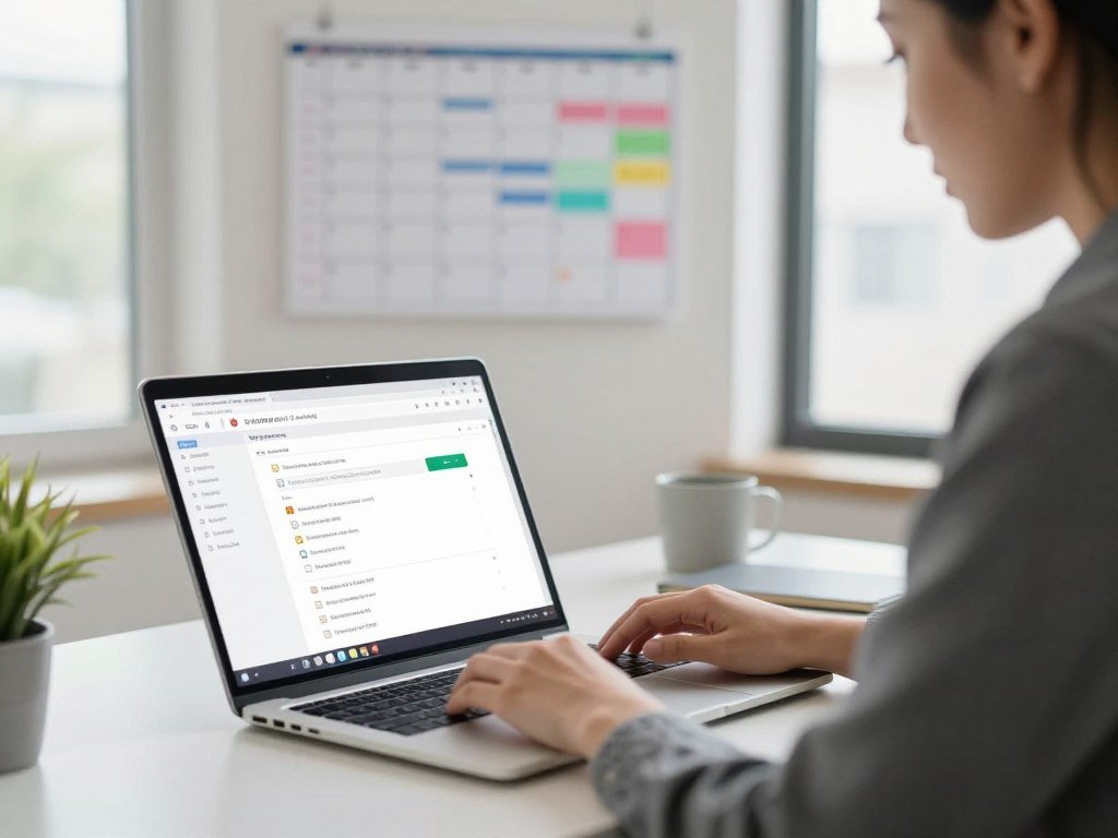 A well-organized office desk in the foreground, featuring a sleek laptop with an open email application, displaying a neatly arranged inbox with categorized labels. A professional individual in smart casual attire sits at the desk, focused on efficiently managing their emails, exuding a sense of calm and productivity. In the middle ground, a wall-mounted calendar displays color-coded tasks and deadlines, emphasizing effective workflow management. The background features a tidy room with bright, natural light streaming through a window, creating an inviting atmosphere. The scene conveys clarity and efficiency, with a slightly blurred plant in the corner for a touch of greenery. The overall mood is one of empowerment and organization, representing a solution to email overwhelm. A well-organized office desk in the foreground, featuring a sleek laptop with an open email application, displaying a neatly arranged inbox with categorized labels. A professional individual in smart casual attire sits at the desk, focused on efficiently managing their emails, exuding a sense of calm and productivity. In the middle ground, a wall-mounted calendar displays color-coded tasks and deadlines, emphasizing effective workflow management. The background features a tidy room with bright, natural light streaming through a window, creating an inviting atmosphere. The scene conveys clarity and efficiency, with a slightly blurred plant in the corner for a touch of greenery. The overall mood is one of empowerment and organization, representing a solution to email overwhelm.
