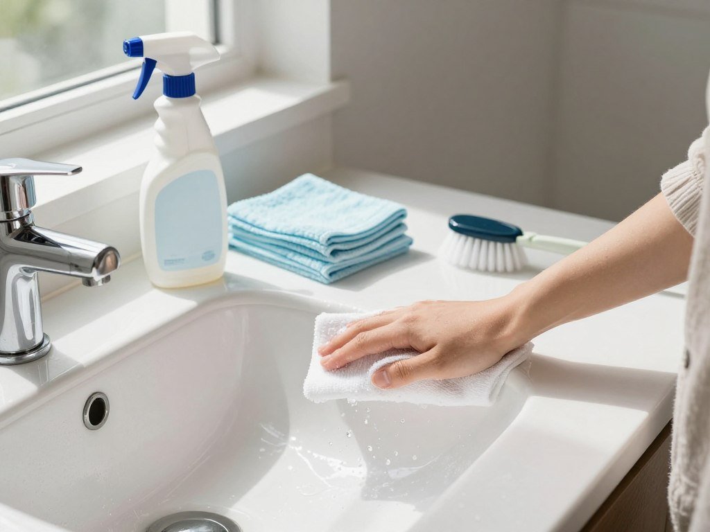 A bright and clean bathroom countertop scene, featuring a well-organized array of cleaning supplies including a spray bottle, microfiber cloths, and a scrub brush. In the foreground, a hand in a modest casual outfit is expertly wiping down the sink area, demonstrating effective surface cleaning techniques. The middle of the image showcases the shiny ceramic sink with droplets of water being wiped away, emphasizing the importance of thorough cleaning. In the background, soft natural light streams in from a frosted window, casting gentle shadows and creating an inviting, serene atmosphere. The angle captures the action from slightly above, providing a dynamic perspective on the cleaning process. The overall mood is fresh, tidy, and organized, highlighting the efficiency of quick bathroom cleaning methods.