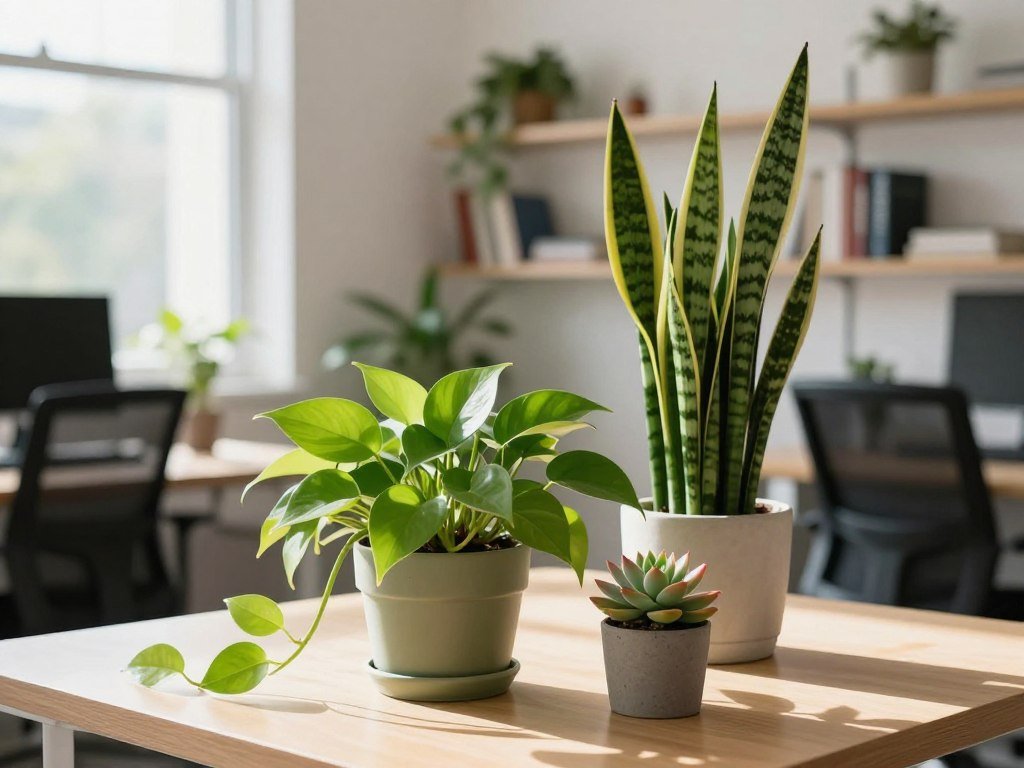 A bright and inviting office space featuring three easy desk plants, symbolizing the benefits of greenery in the workplace. In the foreground, a well-organized desk with a vibrant pothos plant cascading from a stylish pot, a small succulent adding a pop of color, and a tall snake plant providing height and elegance. The middle ground showcases a serene atmosphere with soft natural light filtering through a nearby window, illuminating the plants and creating gentle shadows. In the background, shelves filled with books and decorative items enhance the workspace's charm. The overall mood is calm and uplifting, promoting a feeling of tranquility and focus, perfect for boosting productivity and happiness.