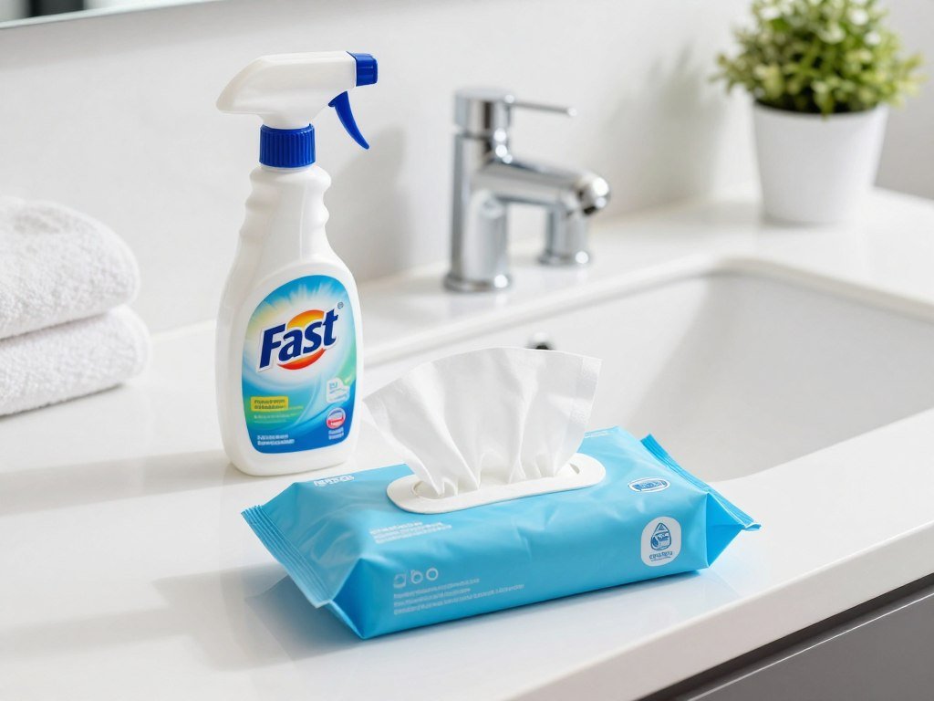 A bright bathroom setting featuring a pristine countertop with a bottle of fast-acting cleaning spray and a pack of surface wipes prominently displayed in the foreground. The bottle should have a sleek, modern design, showcasing clear labeling and vibrant colors, while the wipes should be slightly opened, inviting usage. In the middle ground, there could be a clean sink with stylish fixtures reflecting soft overhead lighting, harmonizing with the fresh and inviting atmosphere. In the background, hints of bath decor, like neatly arranged towels and a potted plant, enhance the overall cleanliness of the space. The lighting should be bright and cheerful, capturing the essence of a quick cleaning routine, creating a feeling of efficiency and simplicity. The angle should be slightly elevated to showcase the wipes in action, emphasizing their accessibility and effectiveness.