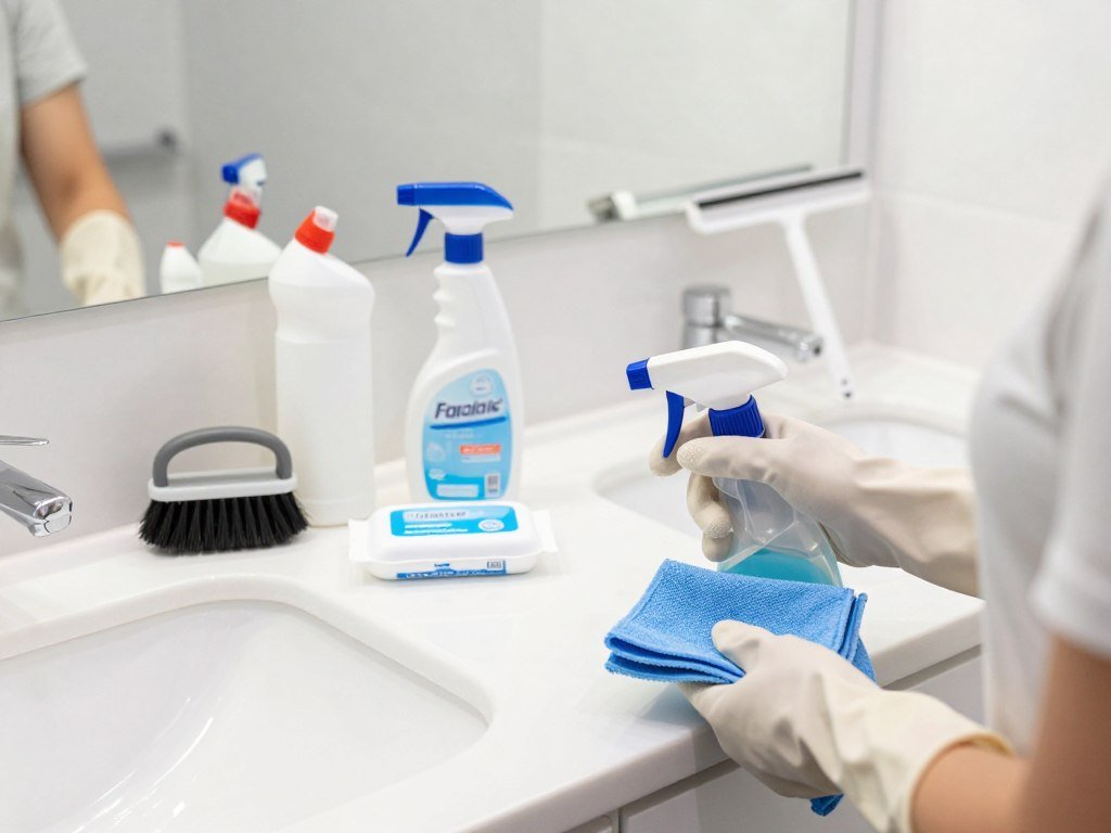 A bright, well-lit bathroom featuring a variety of essential cleaning tools displayed on a sleek countertop. In the foreground, a pair of gloved hands, clad in modest casual attire, hold a spray bottle and a microfiber cloth poised for action. The middle ground features various cleaning supplies like a scrub brush, disinfectant wipes, and a squeegee, all neatly organized. The background shows a sparkling clean sink and mirror, with subtle reflections highlighting the cleanliness. Soft, natural lighting creates a fresh and inviting atmosphere, while a wide-angle lens captures the entire scene, emphasizing the efficiency and ease of quick bathroom cleaning.