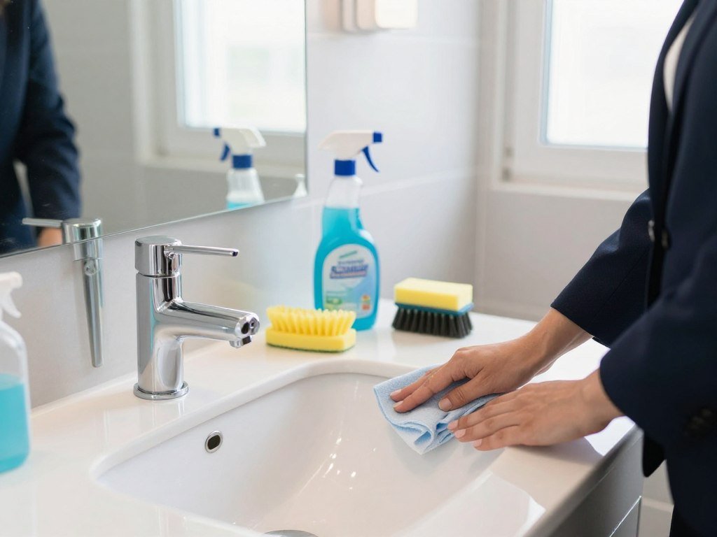 A brightly lit bathroom scene featuring a freshly cleaned surface, showcasing a sparkling countertop and a glistening mirror. In the foreground, a person in professional business attire is meticulously polishing the sink with a microfiber cloth, demonstrating attention to detail. The middle ground highlights an array of cleaning supplies neatly arranged, including a bottle of all-purpose cleaner and a scrub brush. In the background, a window allows natural light to filter in, enhancing the cleanliness of the space. The atmosphere is fresh and invigorating, evoking a sense of accomplishment and efficiency. Soft shadows emphasize the surfaces, while the angle captures the clean lines and organized chaos of a thorough cleaning session, making it inviting and aspirational.