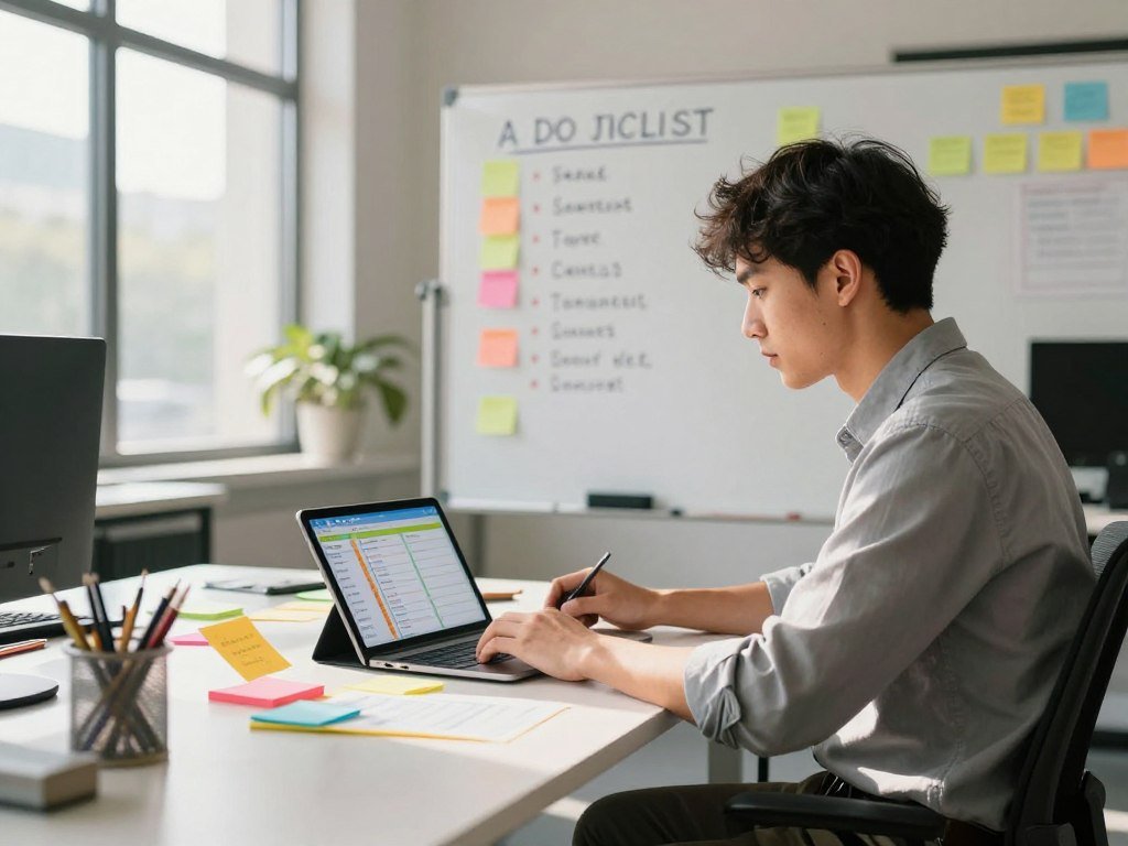 A bustling office environment where a focused young professional is prioritizing their to-do list. In the foreground, the individual is seated at a sleek, modern desk cluttered with colorful sticky notes and a digital tablet displaying a vibrant to-do list app. The middle ground features a whiteboard filled with categorized tasks, showcasing the organization process. In the background, large windows allow natural light to flood the room, creating a warm and motivating atmosphere. Soft shadows play across the space, enhancing the sense of focus and urgency. The individual is dressed in smart casual attire, exuding professionalism and determination. The overall mood is energetic and inspiring, capturing the essence of productivity and effective task prioritization.