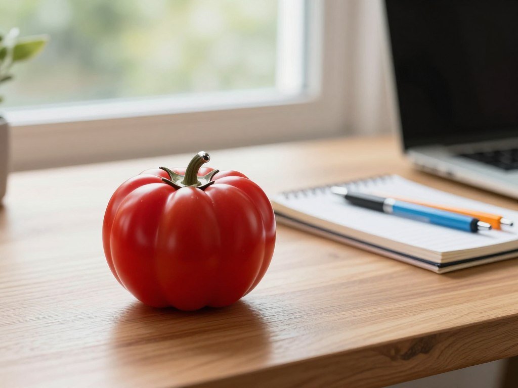 A classic red pomodoro timer set on a sleek wooden desk, intricately designed with a polished chrome finish. In the foreground, the timer's rounded shape and glossy surface reflect soft, natural light from a nearby window, creating a warm and inviting atmosphere. On the middle ground, a neatly arranged workspace featuring a notepad, colorful pens, and a laptop, indicating an active work session. The background showcases blurred greenery from an open window, enhancing the feeling of focus and productivity. The overall mood is calm and inspiring, emphasizing the effectiveness of the Pomodoro Technique in promoting concentration and workflow customization. A classic red pomodoro timer set on a sleek wooden desk, intricately designed with a polished chrome finish. In the foreground, the timer's rounded shape and glossy surface reflect soft, natural light from a nearby window, creating a warm and inviting atmosphere. On the middle ground, a neatly arranged workspace featuring a notepad, colorful pens, and a laptop, indicating an active work session. The background showcases blurred greenery from an open window, enhancing the feeling of focus and productivity. The overall mood is calm and inspiring, emphasizing the effectiveness of the Pomodoro Technique in promoting concentration and workflow customization.