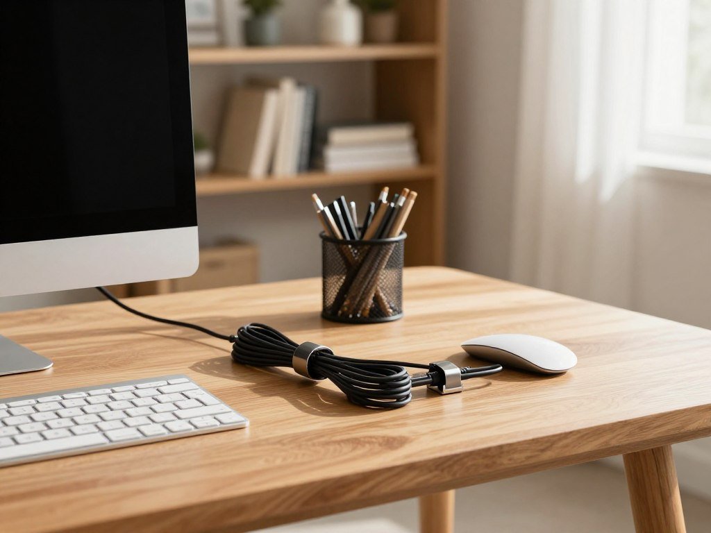A clean and organized modern desk setup showcasing effective cable management. In the foreground, a sleek wooden desk is adorned with a minimalist monitor, a stylish keyboard, and a mouse, all arranged thoughtfully. Visible cables are neatly bundled and secured with cable clips, creating a clutter-free appearance. In the middle ground, a well-placed desk organizer holds essential stationery, enhancing the sense of order. The background features a softly blurred bookshelf filled with neatly arranged books and decor items, bathed in warm, natural light from a nearby window, casting gentle shadows. The atmosphere conveys productivity and tranquility, with a focus on aesthetics and cleanliness, capturing the essence of an organized workspace.