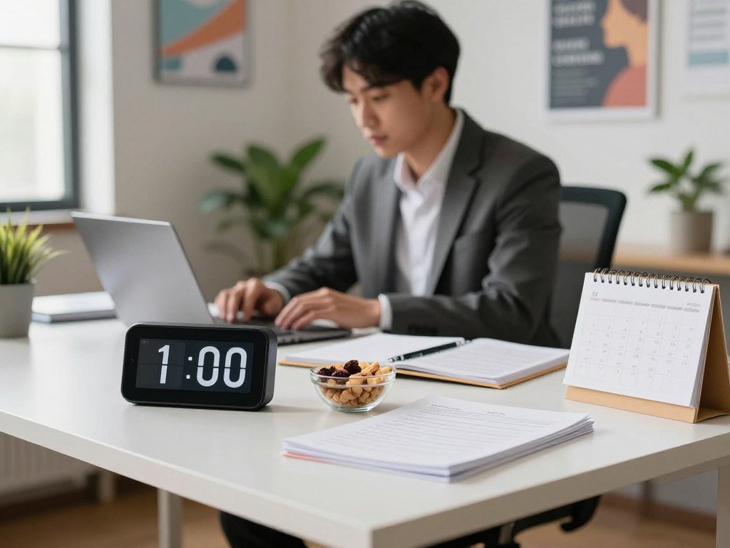 A focused and organized workspace showcasing an efficient work method inspired by the Pomodoro technique. In the foreground, a neatly arranged desk with a digital timer prominently displaying a countdown and a small bowl of healthy snacks. In the middle, a person in professional business attire seated at the desk, deeply engaged in work, with a look of concentration. They are surrounded by organized notes, a laptop, and a calendar. The background features a well-lit office with motivational posters on the walls and plants for a refreshing atmosphere. Soft, natural lighting filtering through the window creates a calm and focused mood, enhancing the sense of productivity and clarity. The perspective is slightly angled to capture the entire workspace harmoniously. A focused and organized workspace showcasing an efficient work method inspired by the Pomodoro technique. In the foreground, a neatly arranged desk with a digital timer prominently displaying a countdown and a small bowl of healthy snacks. In the middle, a person in professional business attire seated at the desk, deeply engaged in work, with a look of concentration. They are surrounded by organized notes, a laptop, and a calendar. The background features a well-lit office with motivational posters on the walls and plants for a refreshing atmosphere. Soft, natural lighting filtering through the window creates a calm and focused mood, enhancing the sense of productivity and clarity. The perspective is slightly angled to capture the entire workspace harmoniously.