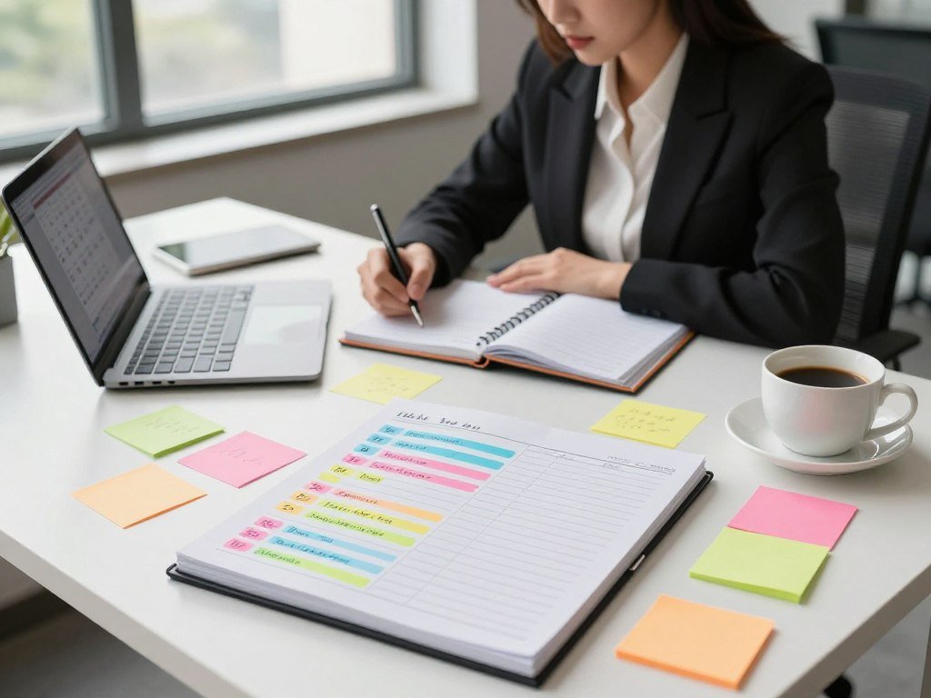 A modern office desk cluttered with colorful sticky notes, prioritizing a to-do list. In the foreground, a notepad with neatly organized tasks, highlighted in different colors to signify their importance. A laptop displays a calendar app open on the screen. In the middle, a focused professional woman in business attire is jotting down notes, surrounded by a planner and a cup of coffee, looking determined yet calm. The background features a large window with soft, natural light streaming in, illuminating the workspace and casting gentle shadows. The overall atmosphere is organized and motivating, reflecting productivity and effective time management. The angle is from a slightly elevated view, capturing the essence of a dynamic work environment.