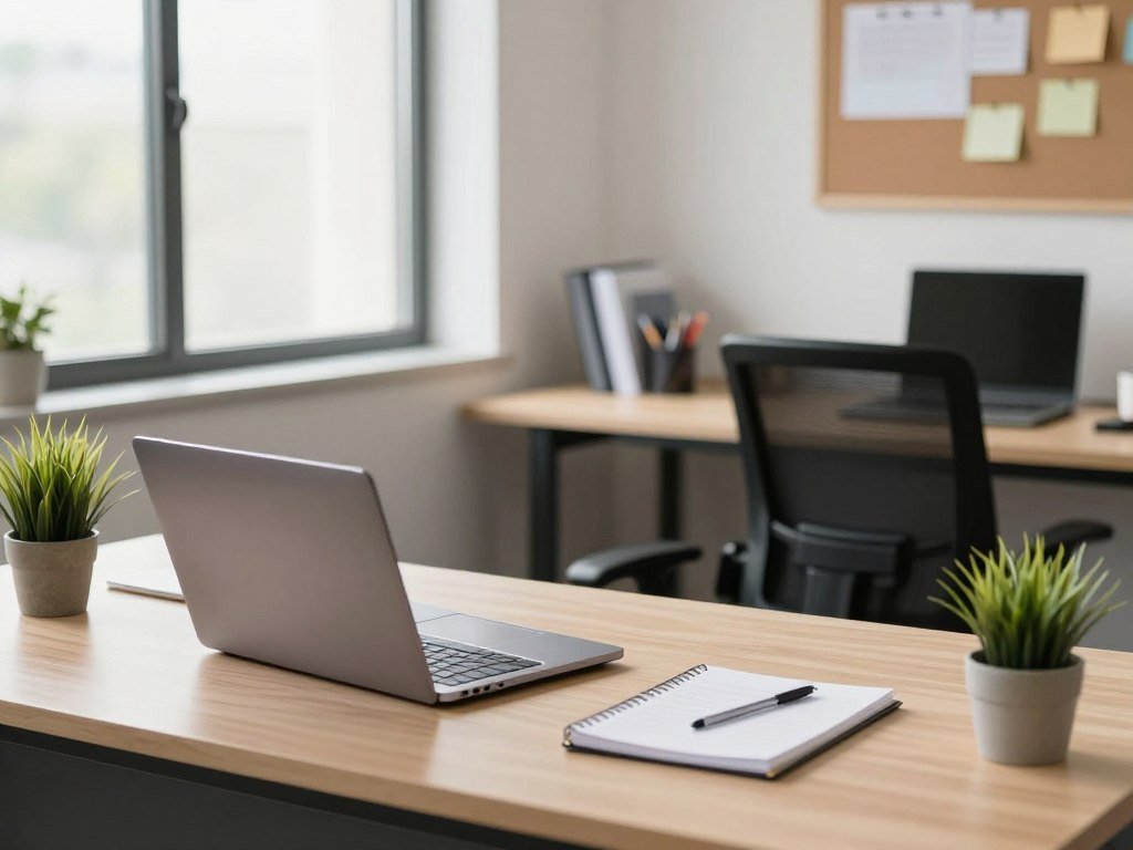 A modern office desk scene showcasing enhanced productivity, featuring a neatly organized workspace. In the foreground, a stylish laptop is open next to a clutter-free notepad and a small, potted plant, adding a touch of greenery. The middle ground includes an ergonomic chair and a desk organizer neatly holding pens and documents, emphasizing a sense of order. In the background, a large window with soft natural light streaming in illuminates the space, creating a bright and inviting atmosphere. The wall behind has a minimalist bulletin board with pinned reminders, reflecting a well-maintained environment. The mood is calm and focused, conveying a professional ambiance conducive to productivity. Aim for a wide-angle lens view to capture the entire setup, emphasizing clarity and organization.