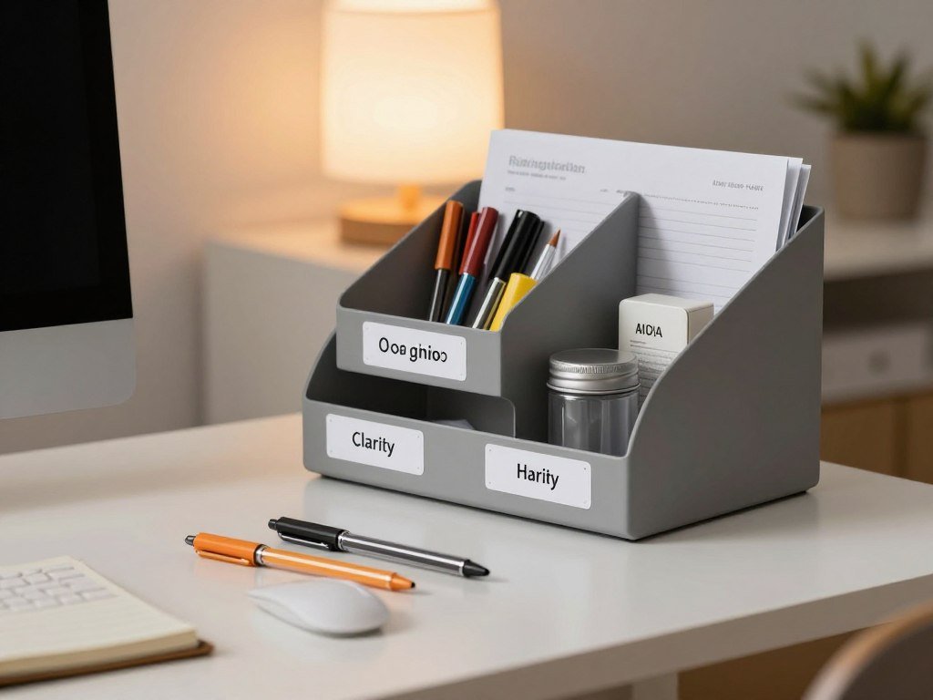 A modern, organized desk scene showcasing three fast organization hacks for clarity. In the foreground, a sleek, minimalist desk with neatly arranged stationery, including colored pens and a notepad. Midground features a stylish desktop organizer with labels on compartments holding documents and office supplies, contributing to a tidy look. The background shows a soft-lit atmosphere with a warm glow from a desk lamp, enhancing a focused yet relaxed mood. The scene is slightly angled to emphasize depth, captured with a soft focus that highlights the main items while subtly blurring the background. The overall feel is inviting and motivational, ideal for a professional environment.