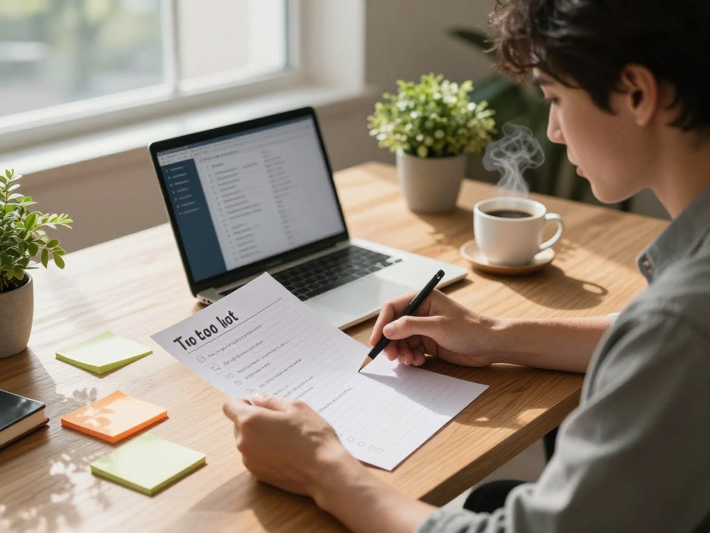 A modern workspace featuring a wooden desk with a neatly arranged to-do list and colorful sticky notes prioritizing tasks. In the foreground, a focused professional in smart casual attire reviews their list, their expression determined yet relaxed. The middle ground showcases a laptop open with a productivity app displayed, a cup of coffee steaming, and a potted plant adding a touch of nature. The background reveals soft, natural lighting coming from a large window, casting gentle shadows and creating a warm, motivating atmosphere. The scene conveys clarity and organization, symbolizing the act of overcoming procrastination through micro-tasking, encouraging viewers to take control of their daily responsibilities.