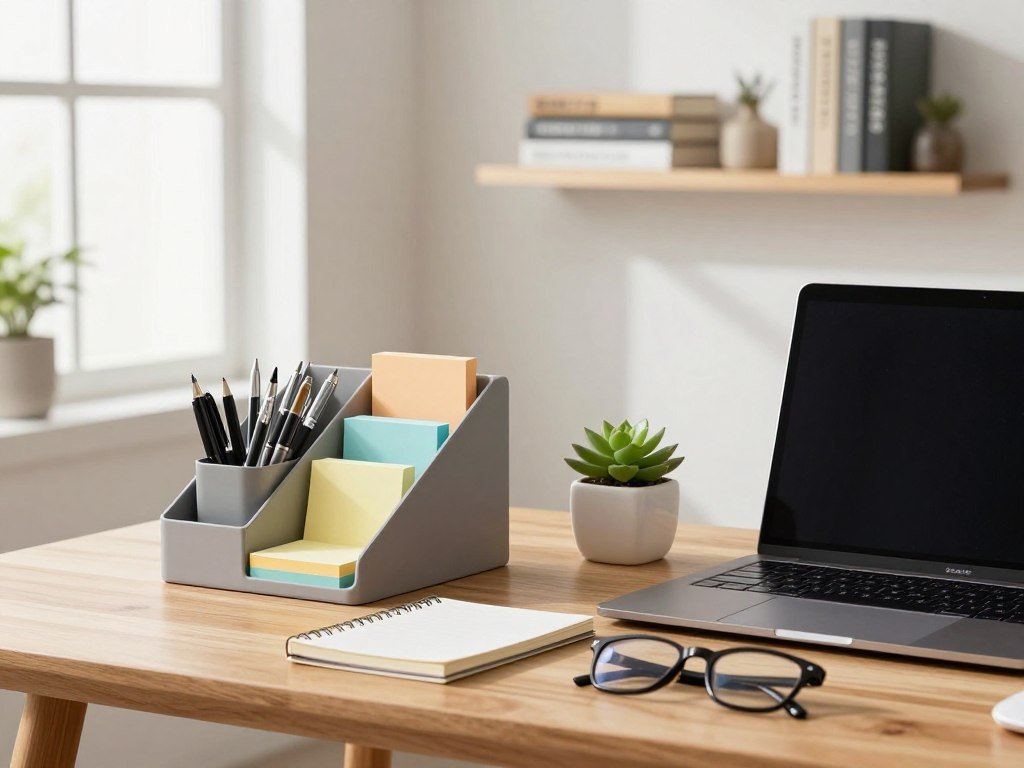 A neatly organized modern desk scene highlighting essential tools for efficient desk organization. In the foreground, showcase an elegant wooden desk adorned with a stylish desk organizer filled with pens, post-it notes, and a small succulent plant for a touch of greenery. Include a sleek laptop open on the desk, with a minimalistic notebook and a pair of professional business glasses placed nearby. In the middle ground, add a wall-mounted shelf displaying neatly stacked books and a few decorative items. The background features a softly lit, airy workspace with a large window allowing natural light to pour in, creating a warm and inviting atmosphere. The overall mood conveys productivity and clarity, with a focus on functionality and aesthetic appeal.