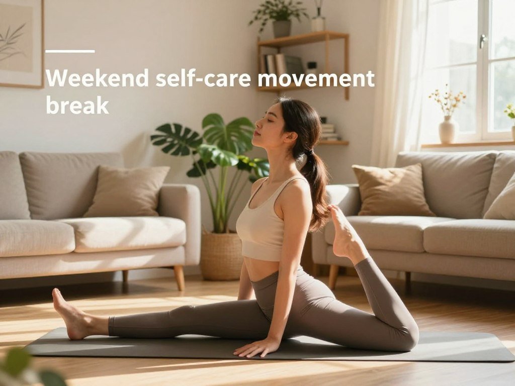 A serene indoor setting for a "Weekend self-care movement break." In the foreground, a young professional woman dressed in comfortable, modest activewear practices gentle yoga poses on a yoga mat, radiating calm and focus. Her expression is peaceful as she stretches, embodying the essence of self-care. In the middle ground, soft green plants and a cozy, inviting couch create a relaxing atmosphere, while sunlight streams in through a nearby window, casting warm, golden light across the room. In the background, tasteful decorations and bookshelves enhance the tranquil setting, contributing to a sense of a peaceful weekend retreat. Capture the mood as uplifting and rejuvenating, with a focus on mindfulness and relaxation. Use a soft-focus lens to emphasize the warmth and tranquility of the scene.