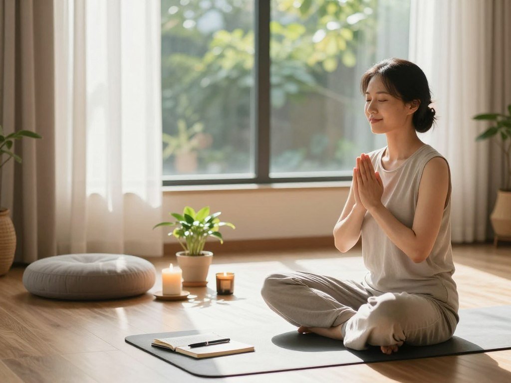 A serene indoor setting for mindfulness practice, featuring a calm, sunlit room filled with soft, natural light filtering through sheer curtains. In the foreground, a person seated cross-legged on a yoga mat, clad in modest, comfortable clothing, practicing deep breathing with a gentle smile. The middle ground showcases an assortment of recommended mindfulness tools: a meditation cushion, scented candles, a small indoor plant, and a journal with a pen. In the background, a large window displaying lush greenery outside enhances the peaceful atmosphere. The overall mood is tranquil and inviting, emphasizing relaxation and focus, captured with a warm color palette, soft shadows, and a slightly blurred background to draw attention to the practicing individual. A serene indoor setting for mindfulness practice, featuring a calm, sunlit room filled with soft, natural light filtering through sheer curtains. In the foreground, a person seated cross-legged on a yoga mat, clad in modest, comfortable clothing, practicing deep breathing with a gentle smile. The middle ground showcases an assortment of recommended mindfulness tools: a meditation cushion, scented candles, a small indoor plant, and a journal with a pen. In the background, a large window displaying lush greenery outside enhances the peaceful atmosphere. The overall mood is tranquil and inviting, emphasizing relaxation and focus, captured with a warm color palette, soft shadows, and a slightly blurred background to draw attention to the practicing individual.