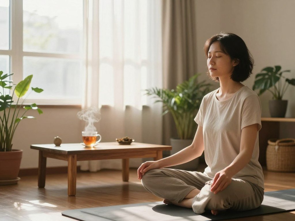 A serene indoor space bathed in soft morning light, with a calm atmosphere evoking mindfulness and focus. In the foreground, a person dressed in comfortable, modest casual clothing sits cross-legged on a yoga mat, eyes softly closed in a meditative state, hands resting on their knees. The middle ground features potted plants and a low wooden coffee table holding a steaming cup of herbal tea, symbolizing calm and warmth. In the background, a window showcases gentle, flowing sheer curtains that flutter slightly with a breeze, letting in sunlight that creates a warm, inviting glow. The overall mood is tranquil and energizing, perfect for inspiring a sense of awakening and revitalization. A serene indoor space bathed in soft morning light, with a calm atmosphere evoking mindfulness and focus. In the foreground, a person dressed in comfortable, modest casual clothing sits cross-legged on a yoga mat, eyes softly closed in a meditative state, hands resting on their knees. The middle ground features potted plants and a low wooden coffee table holding a steaming cup of herbal tea, symbolizing calm and warmth. In the background, a window showcases gentle, flowing sheer curtains that flutter slightly with a breeze, letting in sunlight that creates a warm, inviting glow. The overall mood is tranquil and energizing, perfect for inspiring a sense of awakening and revitalization.