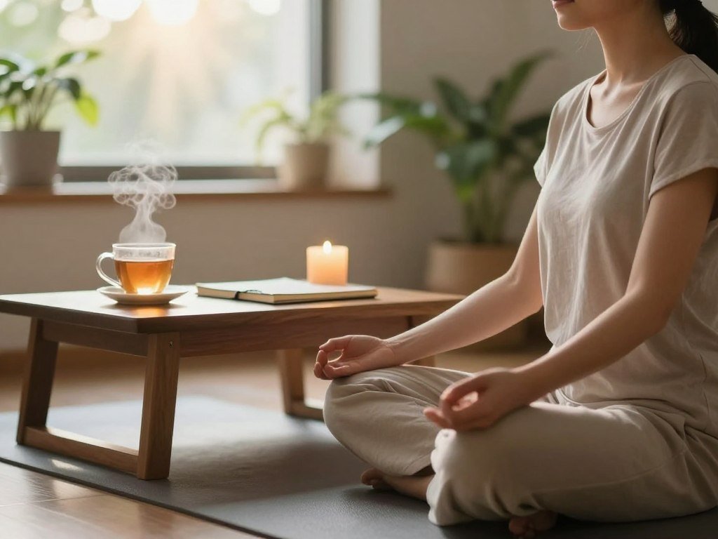 A serene morning scene depicting a tranquil routine for mindfulness. In the foreground, a person dressed in comfortable, modest casual clothing sits cross-legged on a soft yoga mat, eyes closed and hands resting on their knees in a peaceful pose. The middle ground features a small wooden table with a steaming cup of herbal tea, a journal, and a lit candle, casting a warm glow. In the background, a sunlit window reveals gentle rays of sunlight streaming in, illuminating the soft greenery of indoor plants, creating a calming atmosphere. The overall mood is peaceful and reflective, with soft natural light enhancing the scene's tranquility. Shot with a soft focus lens to evoke warmth and serenity, capturing the essence of integrating mindfulness into a busy day. A serene morning scene depicting a tranquil routine for mindfulness. In the foreground, a person dressed in comfortable, modest casual clothing sits cross-legged on a soft yoga mat, eyes closed and hands resting on their knees in a peaceful pose. The middle ground features a small wooden table with a steaming cup of herbal tea, a journal, and a lit candle, casting a warm glow. In the background, a sunlit window reveals gentle rays of sunlight streaming in, illuminating the soft greenery of indoor plants, creating a calming atmosphere. The overall mood is peaceful and reflective, with soft natural light enhancing the scene's tranquility. Shot with a soft focus lens to evoke warmth and serenity, capturing the essence of integrating mindfulness into a busy day.