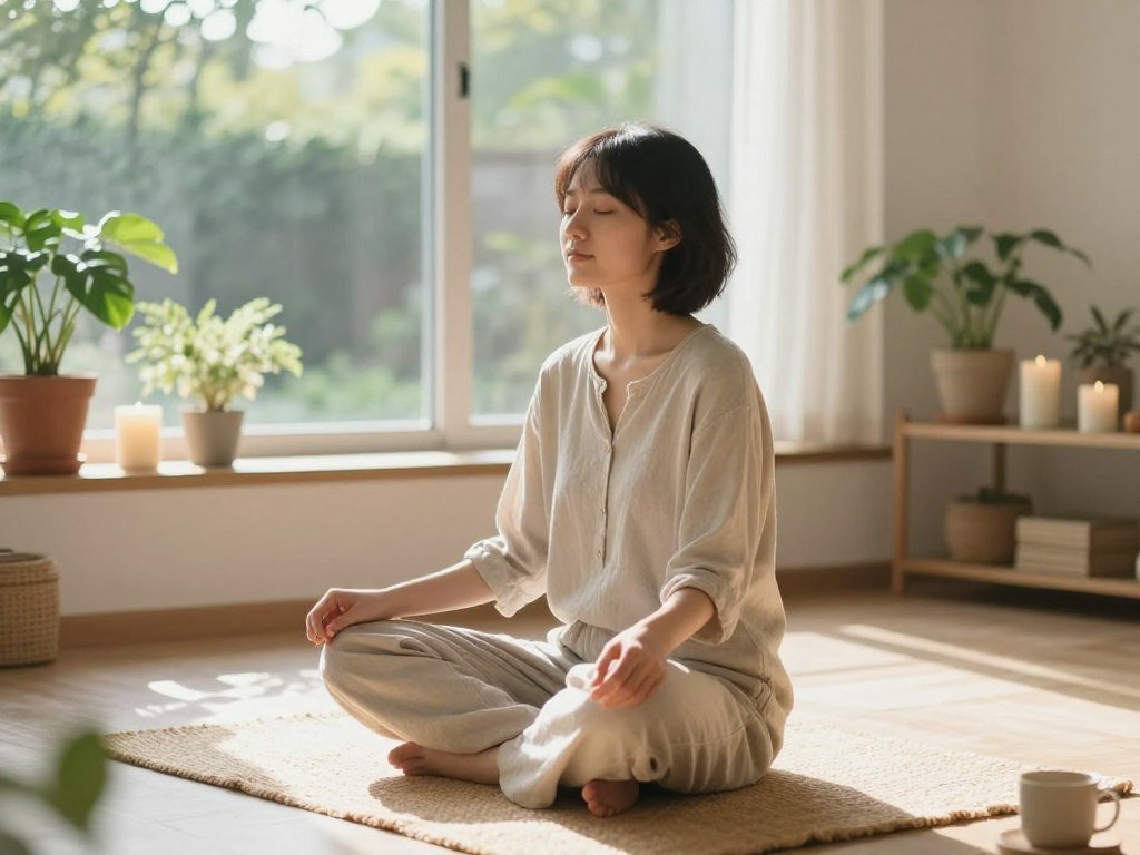 A serene morning scene in a bright and airy room, focusing on a person seated cross-legged on a soft, natural fiber mat. The individual, dressed in modest casual clothing, closes their eyes in a peaceful expression, taking a deep breath. Sunlight streams through a large window, casting soft, warm light that illuminates potted plants and a few candles on a nearby shelf. In the background, a tranquil outdoor view of a garden can be seen, enhancing the calm atmosphere. Gentle soft focus on the foreground emphasizes the individual's tranquil state, while the serene surroundings convey the essence of mindfulness. The overall mood is peaceful, promoting a sense of calm and clarity to start the day. A serene morning scene in a bright and airy room, focusing on a person seated cross-legged on a soft, natural fiber mat. The individual, dressed in modest casual clothing, closes their eyes in a peaceful expression, taking a deep breath. Sunlight streams through a large window, casting soft, warm light that illuminates potted plants and a few candles on a nearby shelf. In the background, a tranquil outdoor view of a garden can be seen, enhancing the calm atmosphere. Gentle soft focus on the foreground emphasizes the individual's tranquil state, while the serene surroundings convey the essence of mindfulness. The overall mood is peaceful, promoting a sense of calm and clarity to start the day.