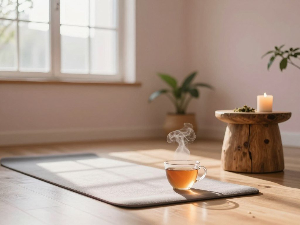 A serene morning scene showcasing an inviting space prepared for a calm routine. In the foreground, a cozy yoga mat is elegantly placed on a light wooden floor, accompanied by a steaming cup of herbal tea on a rustic side table. The middle ground features a softly glowing candle and a small potted plant, adding a touch of nature. In the background, large windows allow gentle, warm sunlight to pour in, illuminating the room and casting soft shadows. The walls are painted in soothing pastel colors, enhancing the peaceful atmosphere. The scene is curated to evoke tranquility, encouraging mindfulness and relaxation. Use a soft-focus lens effect to create a dreamy, inviting ambiance, emphasizing a peaceful start to the day. A serene morning scene showcasing an inviting space prepared for a calm routine. In the foreground, a cozy yoga mat is elegantly placed on a light wooden floor, accompanied by a steaming cup of herbal tea on a rustic side table. The middle ground features a softly glowing candle and a small potted plant, adding a touch of nature. In the background, large windows allow gentle, warm sunlight to pour in, illuminating the room and casting soft shadows. The walls are painted in soothing pastel colors, enhancing the peaceful atmosphere. The scene is curated to evoke tranquility, encouraging mindfulness and relaxation. Use a soft-focus lens effect to create a dreamy, inviting ambiance, emphasizing a peaceful start to the day.
