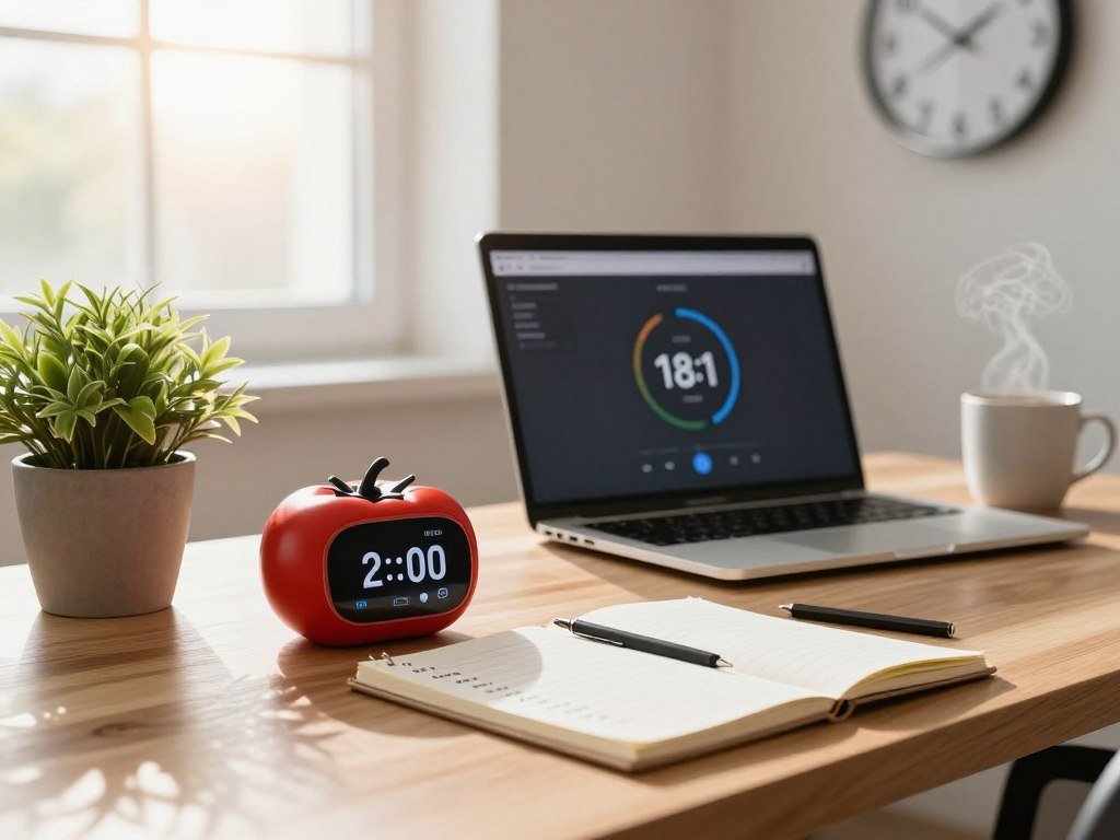A serene office space, focusing on time management and productivity through the Pomodoro technique. In the foreground, a well-organized wooden desk with a sleek tomato-shaped timer, a notepad filled with neatly written tasks, and a potted plant for a touch of nature. The middle ground showcases a modern laptop displaying a timer interface, while a coffee mug steams next to it, suggesting energy and focus. The background features a bright window letting in natural sunlight, illuminating a wall clockβits hands symbolizing the passing timeβcreating an atmosphere of motivation. The overall lighting is warm and inviting, evoking a sense of calm and clarity, with a slight depth of field to emphasize the desk and timer. A serene office space, focusing on time management and productivity through the Pomodoro technique. In the foreground, a well-organized wooden desk with a sleek tomato-shaped timer, a notepad filled with neatly written tasks, and a potted plant for a touch of nature. The middle ground showcases a modern laptop displaying a timer interface, while a coffee mug steams next to it, suggesting energy and focus. The background features a bright window letting in natural sunlight, illuminating a wall clockβits hands symbolizing the passing timeβcreating an atmosphere of motivation. The overall lighting is warm and inviting, evoking a sense of calm and clarity, with a slight depth of field to emphasize the desk and timer.