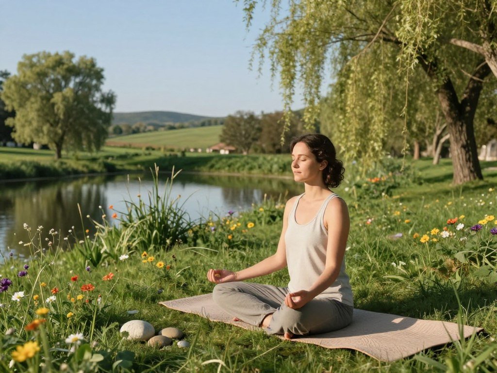 A serene outdoor scene depicting a person practicing mindfulness for long-term health. In the foreground, a woman in modest casual clothing sits cross-legged on a grassy meadow, her eyes gently closed in meditation. Surround her with lush greenery and colorful wildflowers, adding a few smooth stones and a soft, textured yoga mat beside her. In the middle ground, a tranquil pond reflects the clear blue sky, while willow trees provide gentle shade. In the background, distant rolling hills contribute to the sense of tranquility. Soft, natural lighting creates a warm, inviting atmosphere, enhancing the sense of peace and calm. Capture the image from a slightly elevated angle to convey depth, focusing on the harmony between the individual and nature.