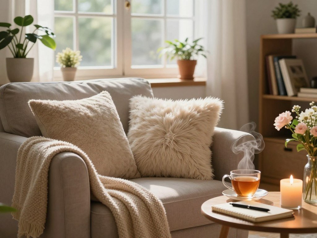 A serene scene depicting a cozy indoor environment for self-care and stress relief. In the foreground, a comfortable armchair upholstered in soft fabric, adorned with fluffy cushions and a warm blanket, invites relaxation. A small side table holds a steaming cup of herbal tea, a lit candle, and a journal with a pen. In the middle ground, a large window allows soft, natural light to filter in, creating a warm and inviting atmosphere. A few potted plants and fresh flowers enhance the calming vibe. The background shows a shelf filled with books and cozy decorations, emphasizing a space for mindfulness and personal reflection. Capture the image from a slight angle, focusing on the interplay of light and shadow, evoking a tranquil and uplifting mood.