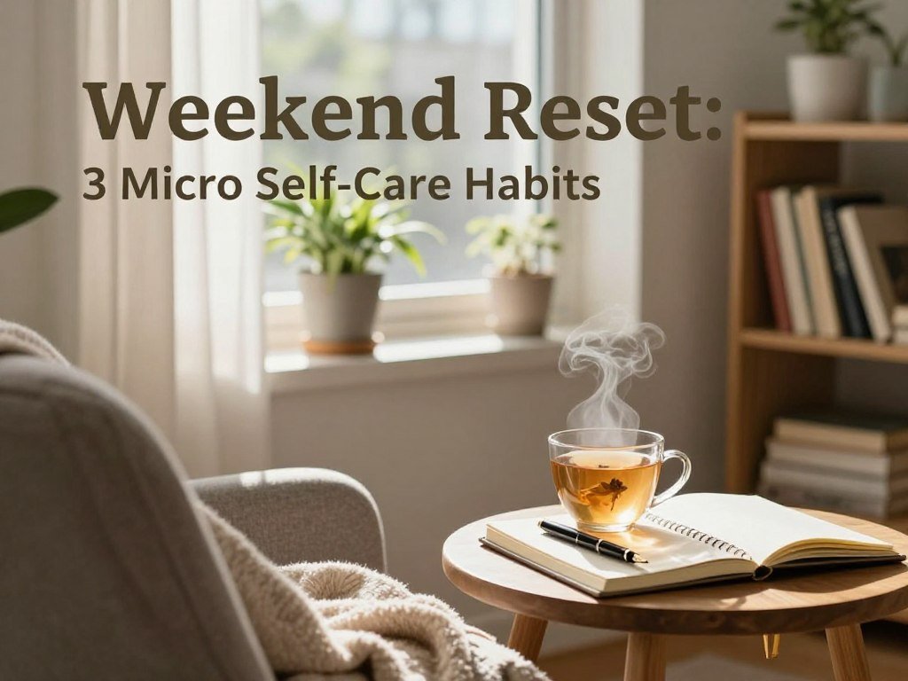 A serene scene depicting the theme "Weekend Reset: 3 Micro Self-Care Habits." In the foreground, a cozy nook with a soft blanket draped over a stylish armchair, a steaming cup of herbal tea on a small wooden side table, and an open journal with a fountain pen resting beside it. In the middle ground, a sunlit window with light filtering through sheer curtains, illuminating indoor plants on the windowsill, showcasing a fresh, calming atmosphere. The background features a shelf filled with books and decorative items that evoke relaxation. Soft, natural lighting casts a warm glow, adding to the peaceful mood. The overall ambiance is inviting and rejuvenating, encouraging a sense of tranquility and self-care.