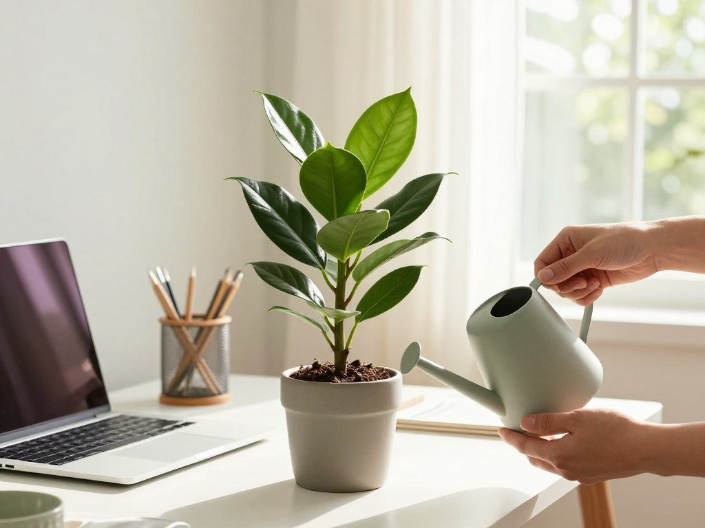 A serene work desk scene featuring a healthy ZZ plant, with its glossy, dark green leaves radiating vitality. In the foreground, a pair of hands gently watering the plant from a stylish watering can, emphasizing the care involved in plant upkeep. The middle ground showcases a tidy workspace, complete with a modern desk, a laptop, and a few elegant stationery items, creating an inviting atmosphere. In the background, soft, diffused natural light streams in through a large window, illuminating the entire scene with a warm, uplifting glow. The overall mood is peaceful and rejuvenating, suggesting a harmonious balance between nature and productivity in the workspace, ideal for boosting morale and enhancing focus.