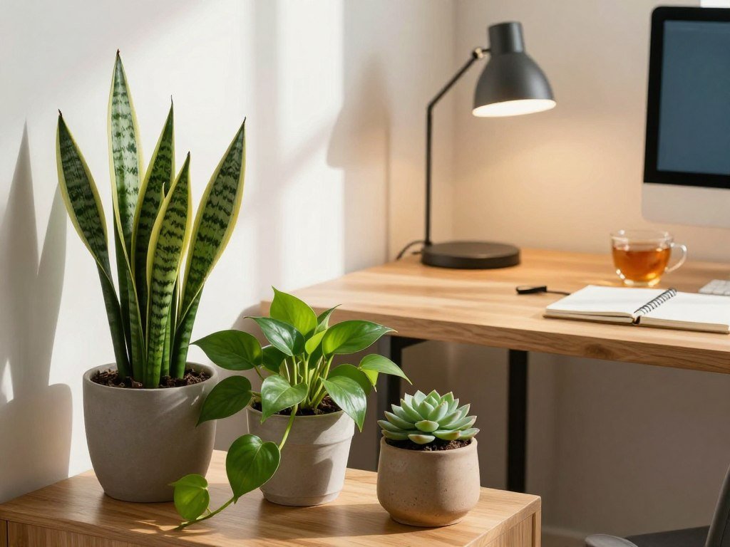 A serene workspace scene featuring easy-care indoor plants that boost moods. In the foreground, display three vibrant desk plants: a snake plant with its tall, sword-like leaves, a cheerful pothos with cascading trails of heart-shaped leaves, and a small succulent in an earthy ceramic pot. The middle ground shows a sleek, modern wooden desk with a minimalist lamp, notebook, and a warm cup of tea. The background consists of soft, natural light filtering through a nearby window, casting gentle shadows and creating a tranquil atmosphere. The overall mood is calming and inspiring, inviting creativity and comfort in a professional environment. Use a wide-angle lens for an immersive feel and warm color tones to enhance the cozy vibe.
