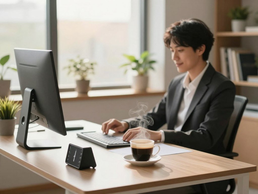 A serene workspace showcasing a minimalist study area, emphasizing focus and productivity. In the foreground, a sleek, modern desk adorned with a stylish timer, stationery, and a steaming cup of coffee. In the middle ground, a person in professional business attire sits comfortably at the desk, engrossed in concentrated work, with a soft smile hinting at satisfaction. The background features a large window bathed in warm, natural light, illuminating potted plants and an organized bookshelf, creating an inviting atmosphere. The overall mood should be one of tranquility and determination, with a shallow depth of field focusing on the subject while softly blurring the background, evoking a sense of clarity and purpose in their work process. A serene workspace showcasing a minimalist study area, emphasizing focus and productivity. In the foreground, a sleek, modern desk adorned with a stylish timer, stationery, and a steaming cup of coffee. In the middle ground, a person in professional business attire sits comfortably at the desk, engrossed in concentrated work, with a soft smile hinting at satisfaction. The background features a large window bathed in warm, natural light, illuminating potted plants and an organized bookshelf, creating an inviting atmosphere. The overall mood should be one of tranquility and determination, with a shallow depth of field focusing on the subject while softly blurring the background, evoking a sense of clarity and purpose in their work process.