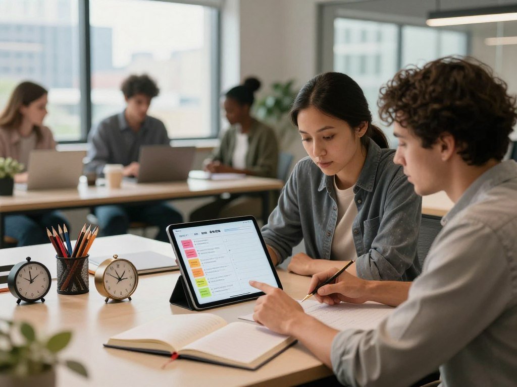 A sleek, modern workspace illustrating efficient task management. In the foreground, a diverse group of professionals—one man and one woman—are engaged in a focused discussion over a colorful, prioritized to-do list displayed on a digital tablet. The middle ground features an organized desk with stationery, a clock, and an open planner, all bathed in warm, soft lighting that creates a productive yet relaxed atmosphere. The background consists of large windows with cityscape views, allowing natural light to pour in, enhancing the sense of clarity and motivation. The overall mood is one of calm determination and productivity, emphasizing the mastery of the ABCDE method in daily planning. Capture the scene with a wide-angle lens to include the workspace's depth and details.