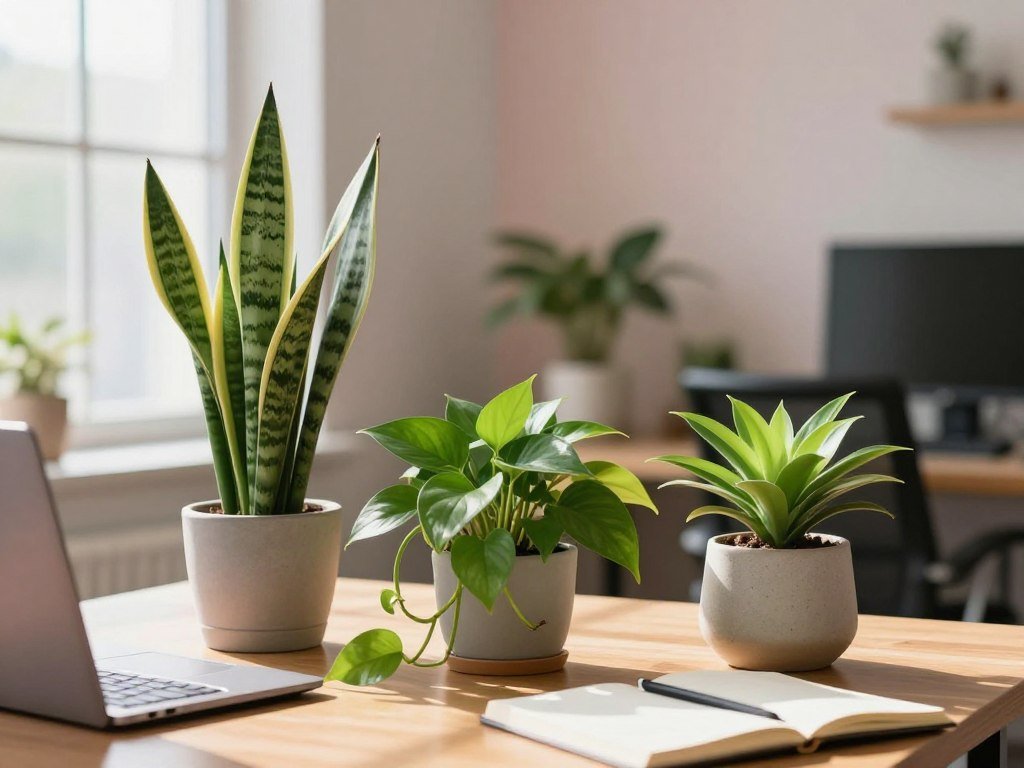 A stylish office desk setup featuring three vibrant and low-maintenance plants: a Snake Plant with its tall, upright leaves, a Pothos with cascading vines, and a small ZZ plant in a modern ceramic pot. The foreground shows these plants arranged beautifully on a sleek wooden desk, with a laptop and an open notebook beside them, hinting at a productive workspace. In the middle ground, soft sunlight illuminates the scene, casting gentle shadows and highlighting the plants’ lush green foliage. The background is blurred, suggesting a cozy office environment with soft pastel walls and a large window letting in natural light, creating a calm and uplifting atmosphere conducive to enhancing mood and productivity in the workplace.