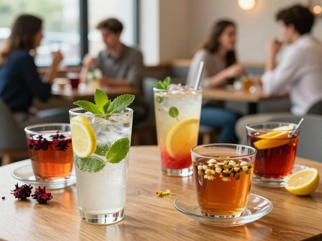A vibrant and inviting scene set in a modern café, capturing various refreshing alternatives to soda. In the foreground, a stylish glass filled with sparkling infused water, garnished with fresh lemon and mint leaves. Beside it, a colorful array of herbal teas in clear glasses, each showcasing distinct flavors like hibiscus and chamomile, with fresh fruit accents. In the middle, a trendy fruit soda made from natural ingredients is elegantly presented on a wooden table. The background features softly blurred café patrons enjoying their drinks, dressed in smart casual clothing. Warm, natural lighting spills in from large windows, creating a cheerful and relaxed atmosphere, evoking a sense of community and shared experiences. The overall mood is delightful and refreshing, promoting healthier choices in social settings.