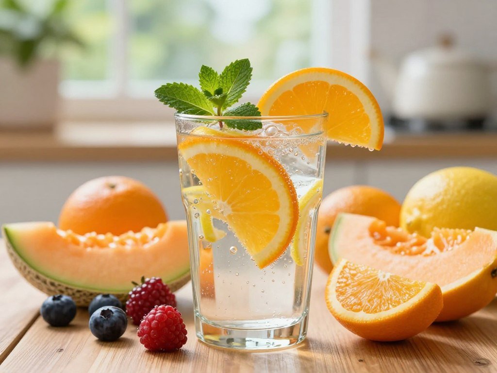 A vibrant, refreshing scene featuring sparkling water infused with fresh fruits. In the foreground, showcase a clear glass filled with bubbly sparkling water, adorned with slices of vibrant oranges, lemons, and sprigs of mint, all beautifully arranged for an inviting look. The middle layer captures a diverse selection of whole fruits, including shiny berries, juicy melons, and zesty citrus, scattered artistically around the glass. In the background, a soft-focus kitchen setting bathed in natural light, highlighting a wooden table and peaceful greenery outside a window, enhances the atmosphere. The overall mood should evoke a sense of health and vitality, encouraging viewers to embrace delicious, hydrating drink alternatives. Use a warm color palette with a slight bokeh effect for a dreamy quality.