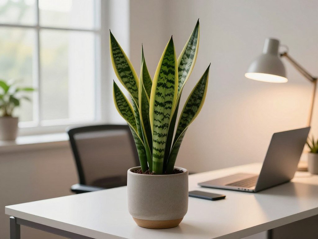 A vibrant snake plant with thick, succulent leaves, elegantly placed on a modern office desk. The foreground features the plant in a sleek ceramic pot, showcasing rich green and variegated yellow stripes. In the middle, the desk is adorned with minimalistic stationery, a laptop, and a stylish desk lamp casting warm, ambient lighting. The background includes a softly blurred office interior, with a large window allowing natural sunlight to filter in, creating a cheerful atmosphere. The scene is captured from a slightly angled perspective, emphasizing the plant's height and texture while maintaining a clean and organized workspace feel. This image reflects a serene, productive mood perfect for a happier workspace.
