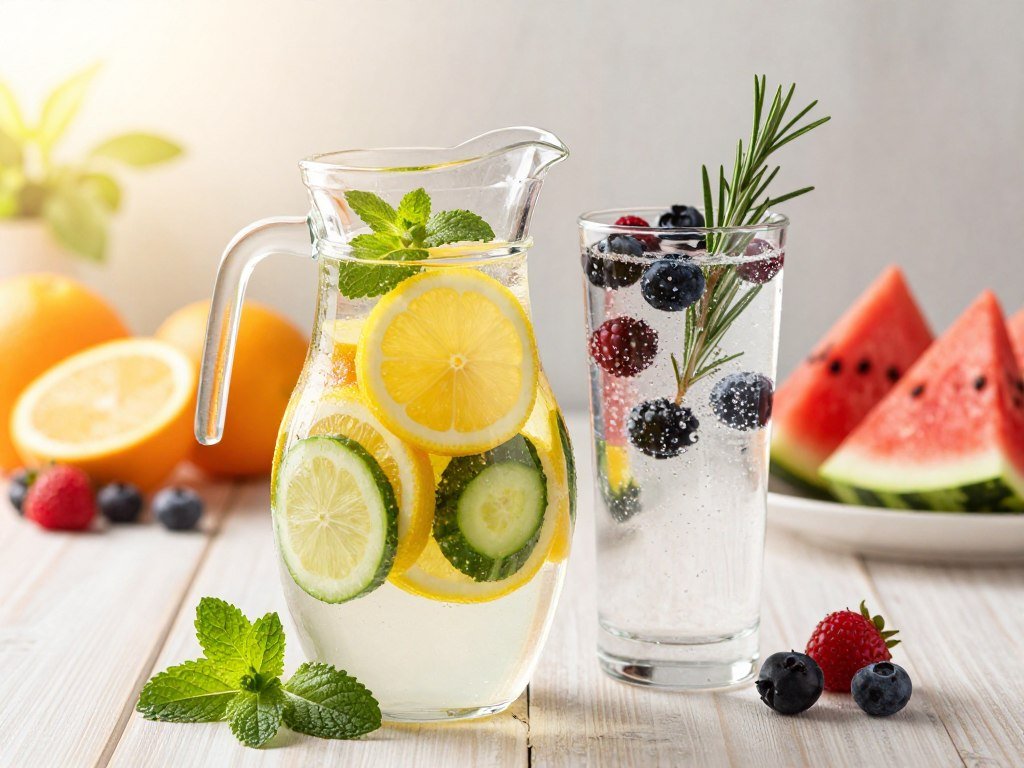 A visually appealing arrangement of three refreshing hydrating alternatives to soda, featuring a vibrant fruit-infused water pitcher in the foreground overflowing with colorful slices of lemon, cucumber, and mint leaves. Beside it, a tall glass of sparkling water garnished with fresh berries and a sprig of rosemary. In the background, a soft-focus display of fresh fruits like oranges, watermelon, and berries on a light wooden table, with gentle sunlight streaming in, creating a warm and inviting atmosphere. The scene is captured with a shallow depth of field, emphasizing the hydrating drinks while the background remains slightly blurred. The image conveys a sense of vitality and energy, perfect for promoting healthy hydration choices.