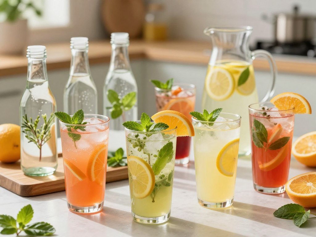 A visually appealing collection of refreshing soda replacement options, featuring a variety of colorful, diluted fruit juices and botanical waters. In the foreground, display elegantly designed glasses filled with vibrant, fruit-infused waters and light-colored juices, garnished with fresh citrus slices and herbs like mint and basil. The middle ground should include a wooden serving tray, showcasing glass bottles of artisanal flavored waters and a pitcher of sparkling botanical lemonade. In the background, create a soft-focus environment of a bright kitchen or outdoor picnic setting, with natural light streaming in, casting gentle reflections on the glass surfaces. The atmosphere is lively and refreshing, evoking a sense of health and hydration, ideal for those seeking alternatives to soda.