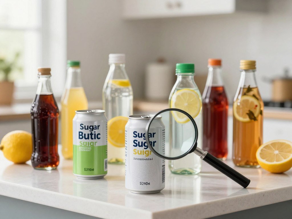 A well-lit kitchen countertop featuring a variety of popular beverages, such as soda cans and bottles, alongside fruits and herbal alternatives like lemon-infused water and iced herbal tea. In the foreground, a magnifying glass hovers over a soda can, emphasizing the labels with highlighted sugar content. The middle ground includes a balanced display of beverages, creating a contrast between sugary drinks and healthier options, all set in a vibrant color palette that evokes freshness. The background shows a soft-focus kitchen interior, with natural light streaming through a window, creating an inviting atmosphere. The mood is educational and engaging, inviting viewers to consider healthier hydration choices.